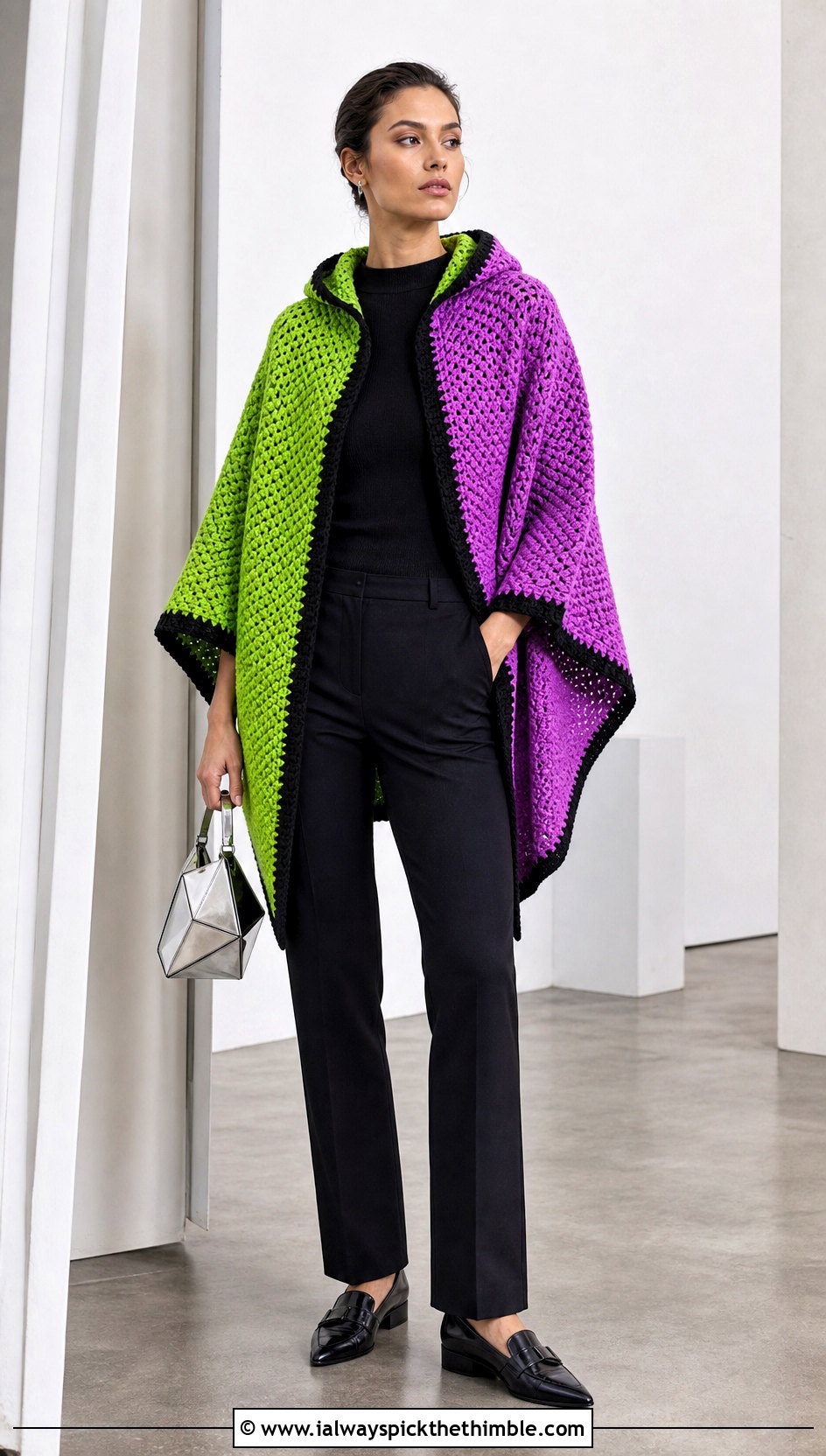 Color Block Crochet Hooded Poncho With Black Trousers - 25 Crochet Hooded Poncho outfit ideas