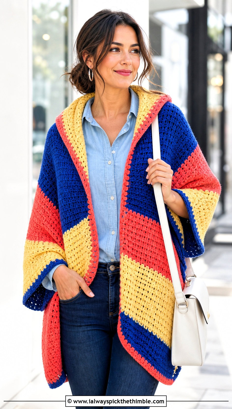 Color Block Crochet Hooded Shawl With Double Denim - 25 crochet hooded shawl outfit ideas