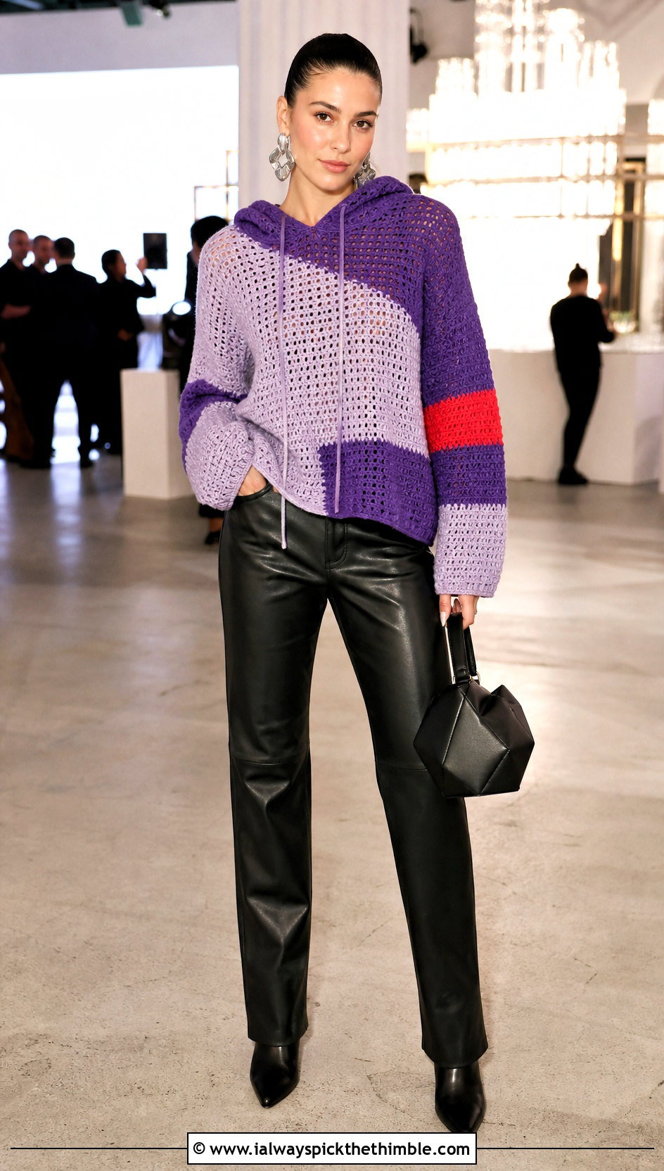 Color Block Crochet Hoodie With Leather Pants - 25 crochet hoodie outfit ideas