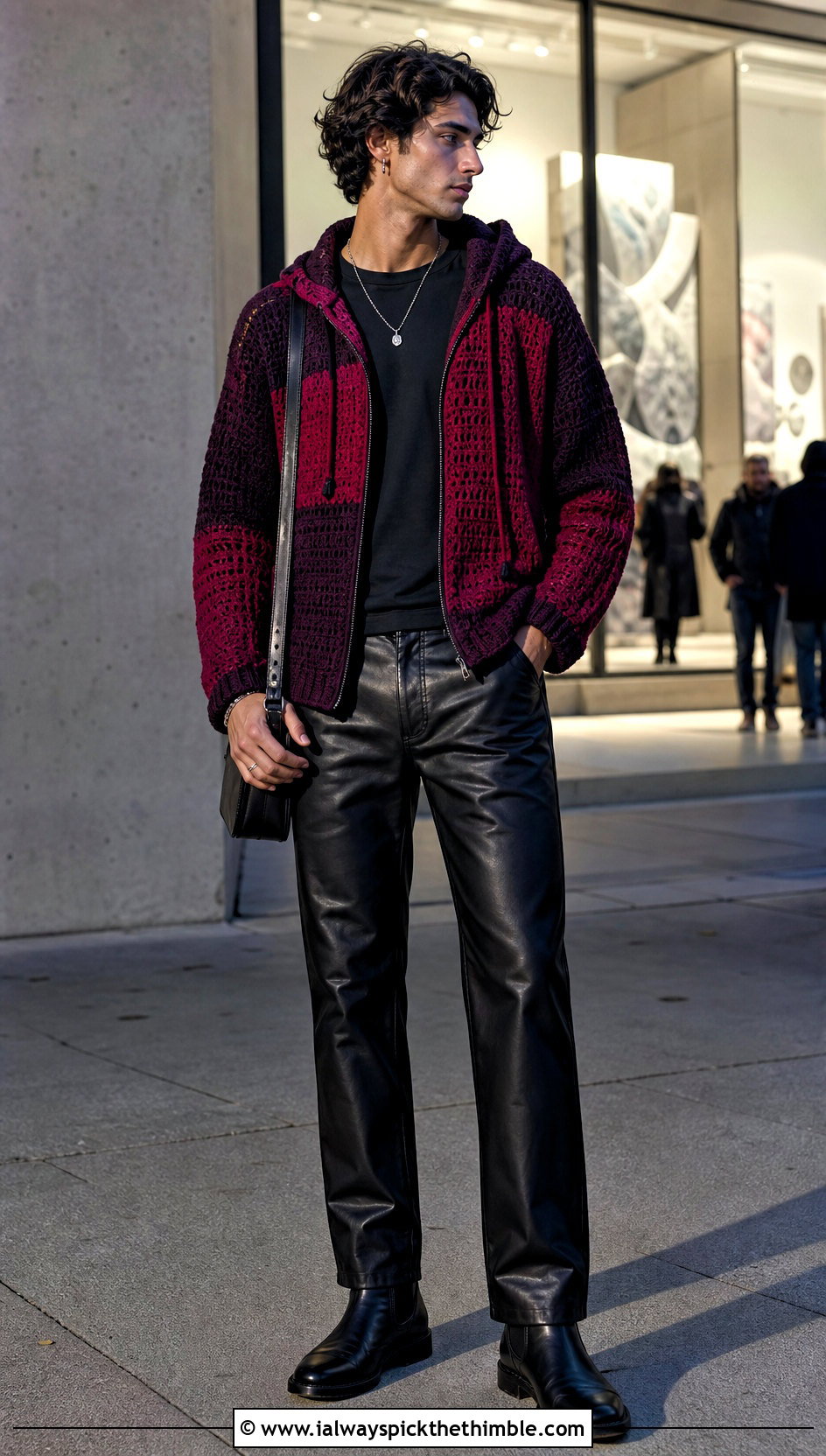 Color Block Crochet Hoodie With Leather Pants - 25 crochet hoodie for men outfit ideas