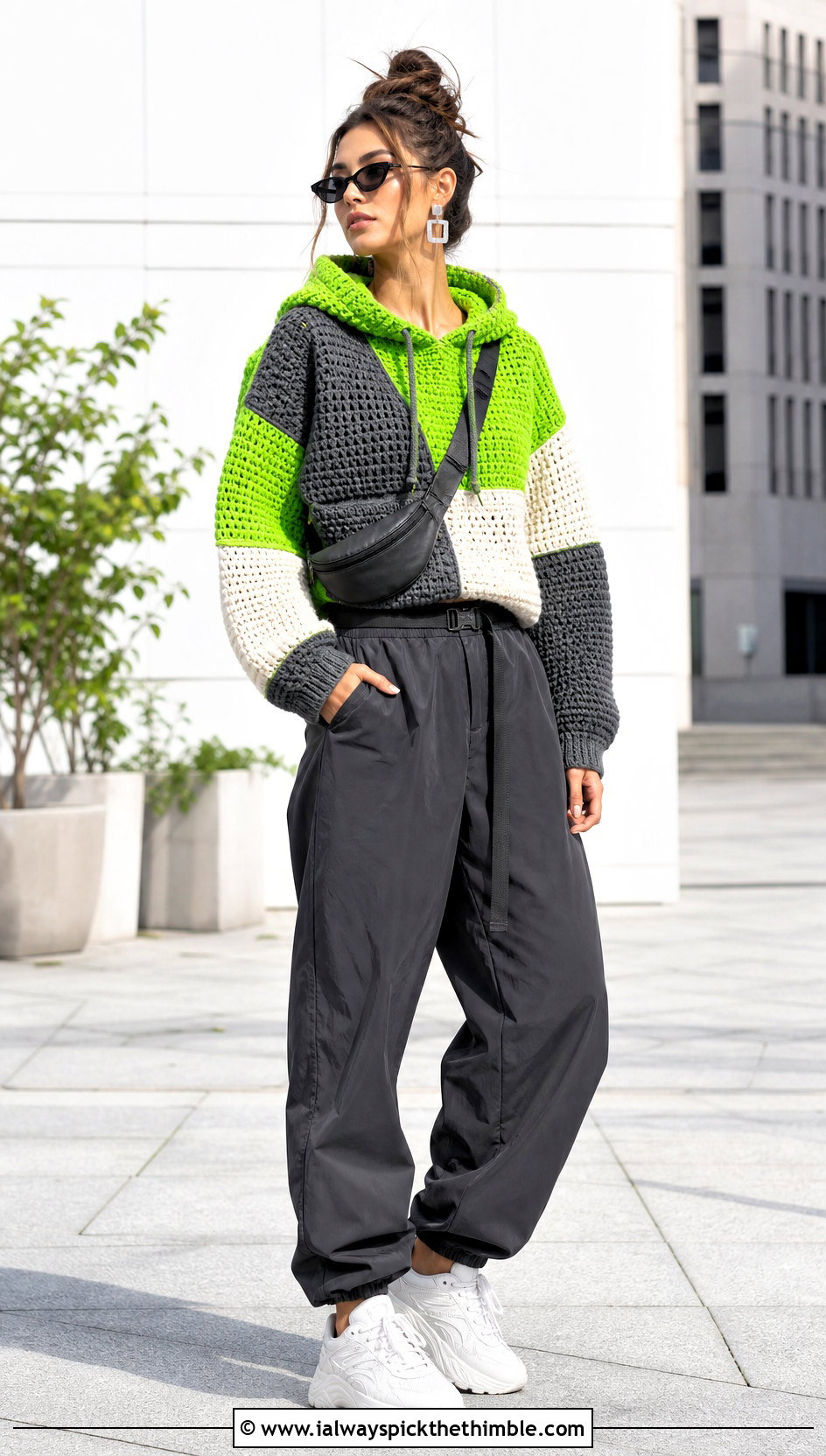Color Block Crochet Hoodie With Parachute Pants - 20 Easy Crochet Hoodie outfit ideas