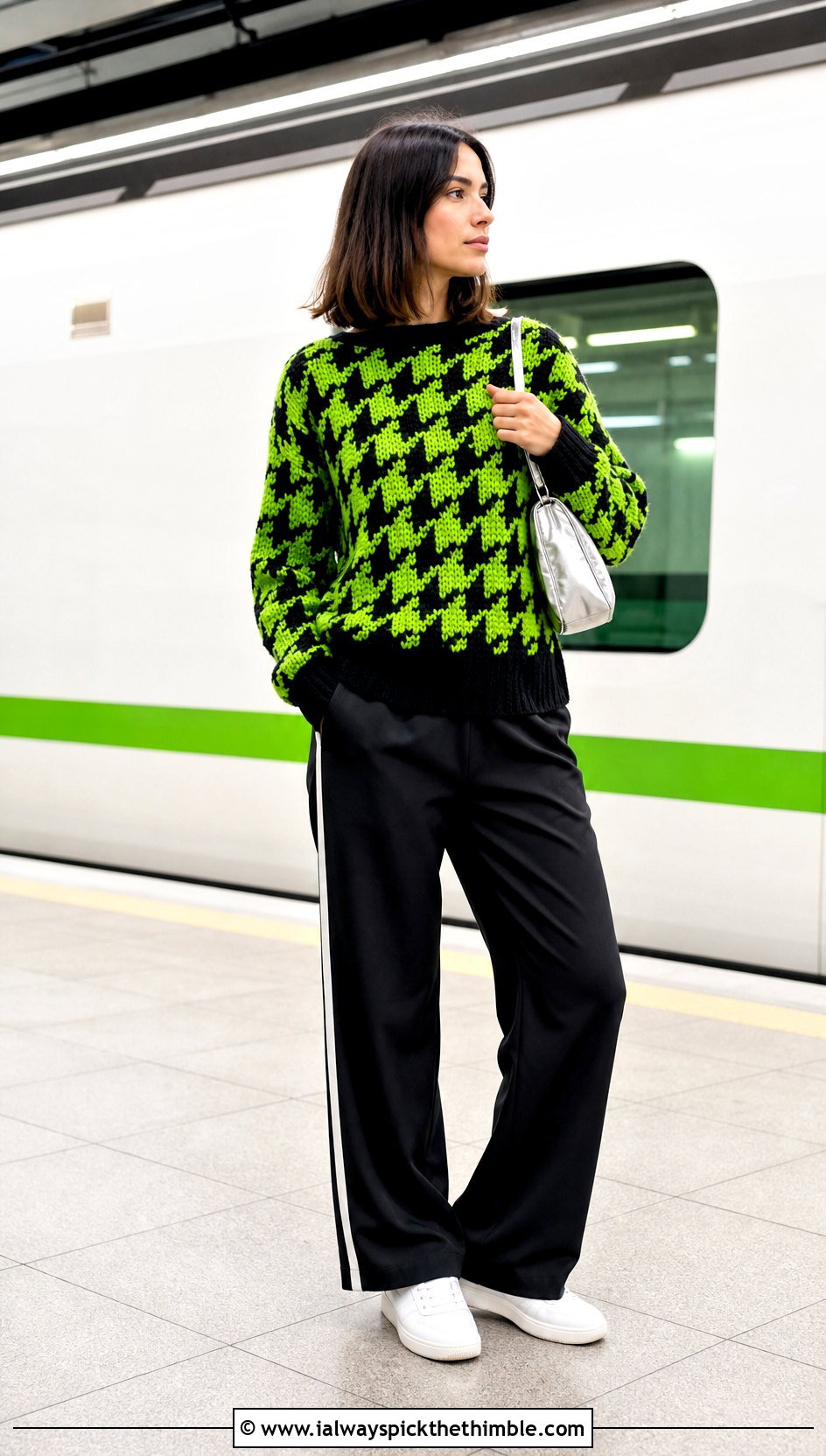 Color Block Crochet Houndstooth Sweater With Track Pants - 25 crochet houndstooth sweater outfit ideas