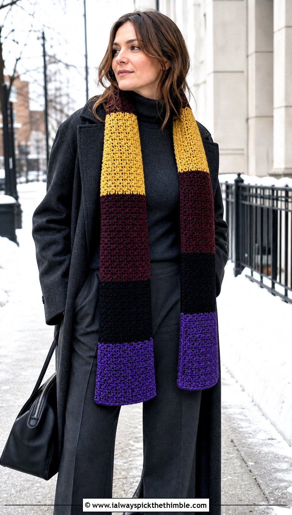 Color Block Crochet Hufflepuff Scarf With Monochrome Outfit - 20 crochet hufflepuff scarf outfit ideas