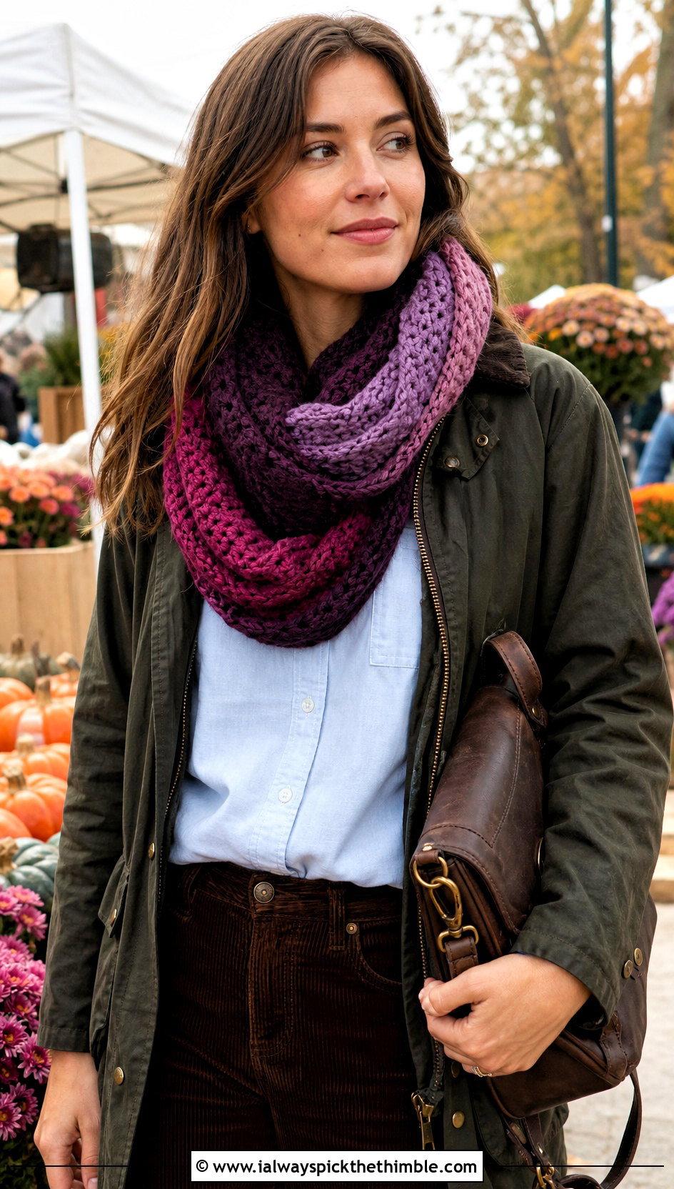 Color Block Crochet Infinity Scarf With Barn Jacket And Corduroy Pants - 15 Crochet Infinity Scarf On Hanger outfit ideas
