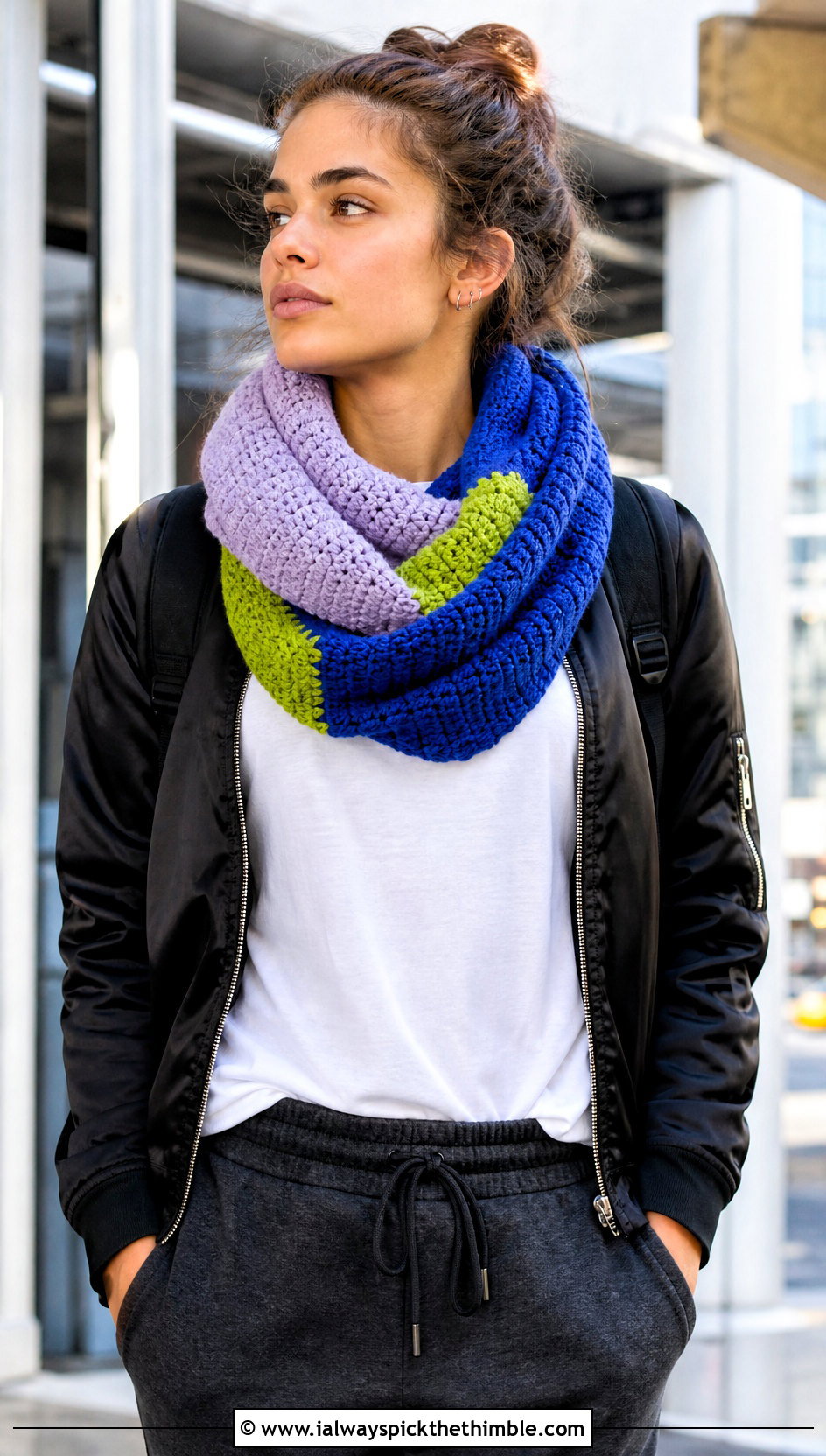 Color Block Crochet Infinity Scarf With Bomber Jacket - 20 infinite crochet scarf outfit ideas
