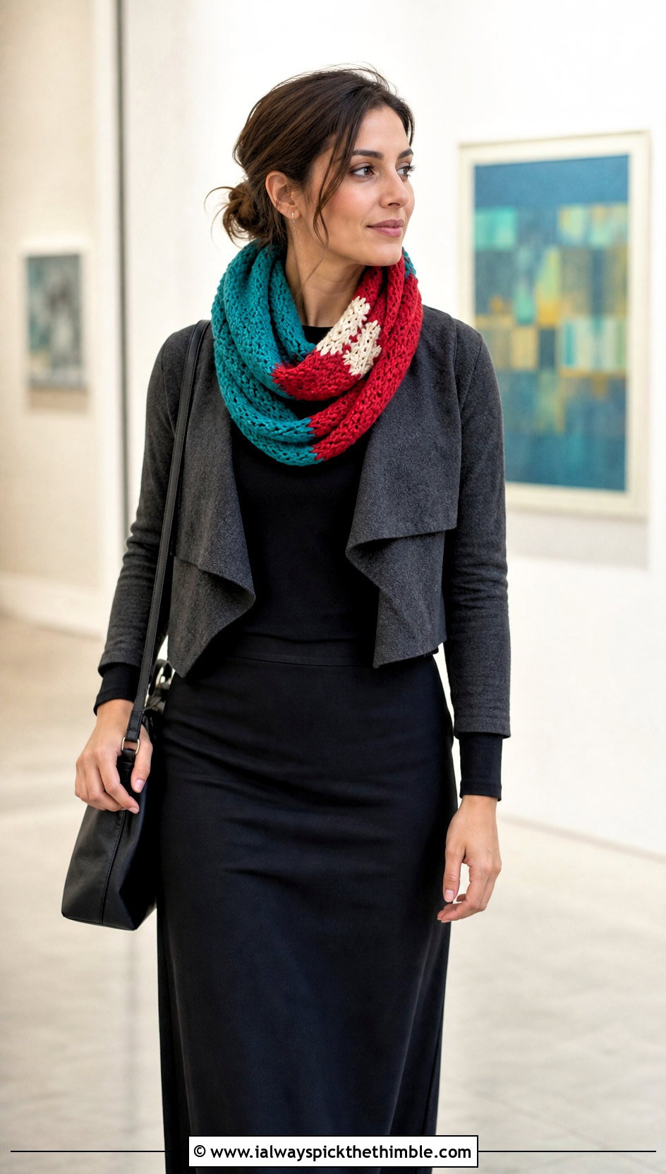 Color Block Crochet Infinity Scarf With Minimalist Basics - 20 crochet infinity scarves outfit ideas