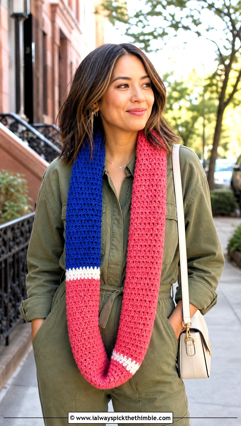 Color Block Crochet Infinity Scarf With Utility Jumpsuit - 25 crochet infinity scarf outfit ideas