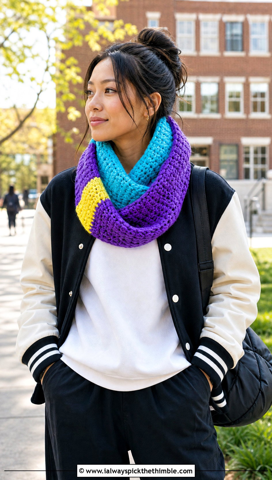 Color Block Crochet Infinity Scarf With Varsity Jacket - 20 easy crochet infinity scarf outfit ideas