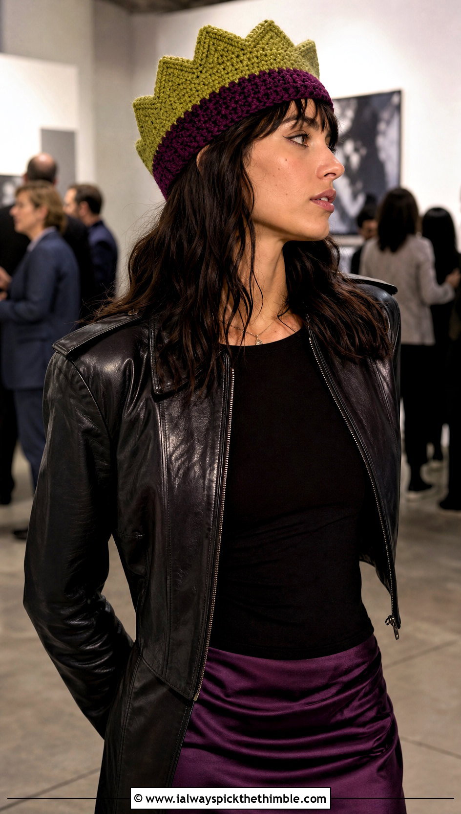 Color Block Crochet Jughead Beanie With Leather Jacket And Satin Skirt - 15 Crochet Jughead Beanie outfit ideas