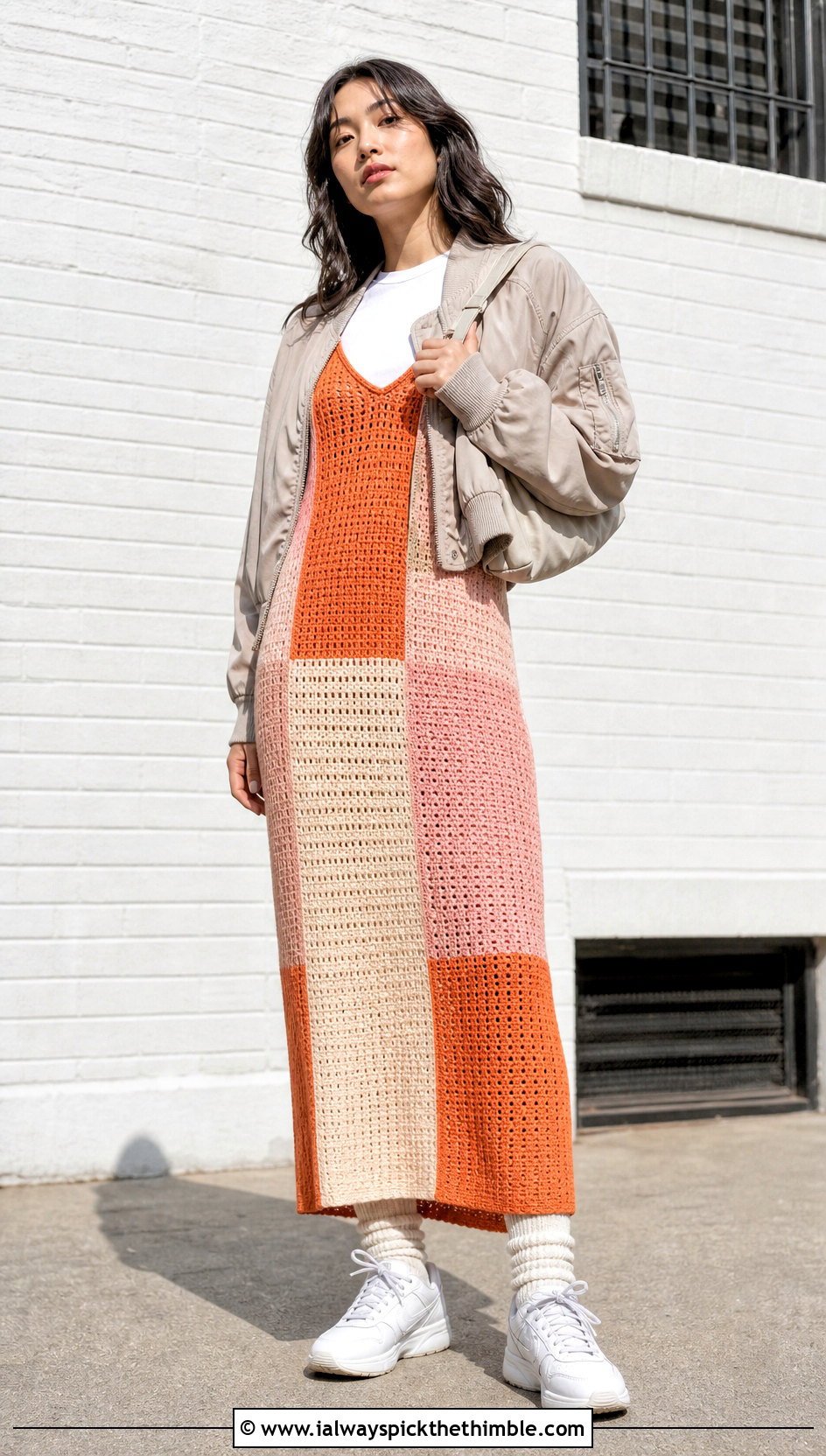 Color Block Crochet Jumper Dress With Bomber Jacket - 15 Crochet Jumper Dress outfit ideas