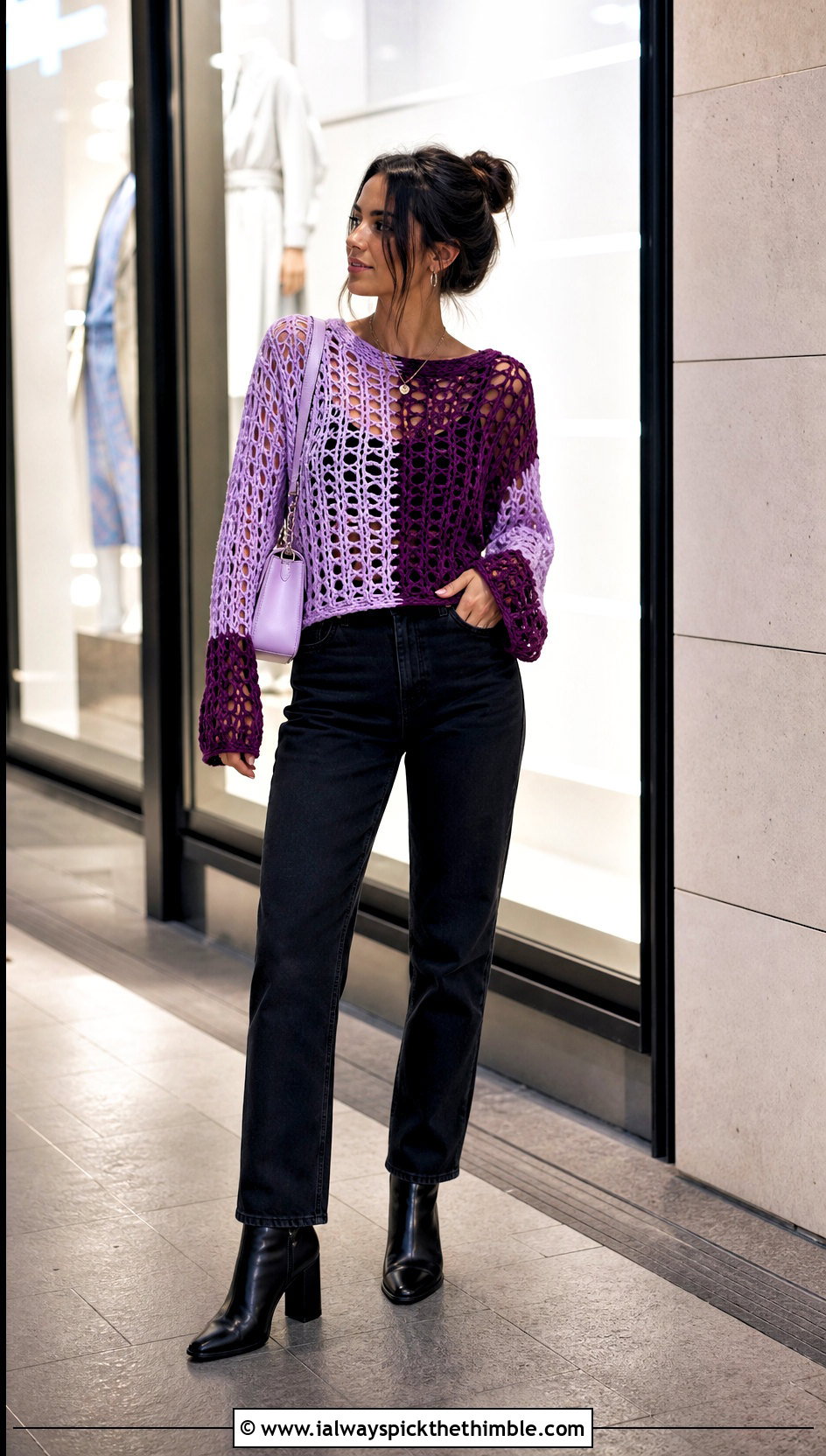 Color Block Crochet Jumper With Black Jeans - 20 Cute Crochet Jumper outfit ideas