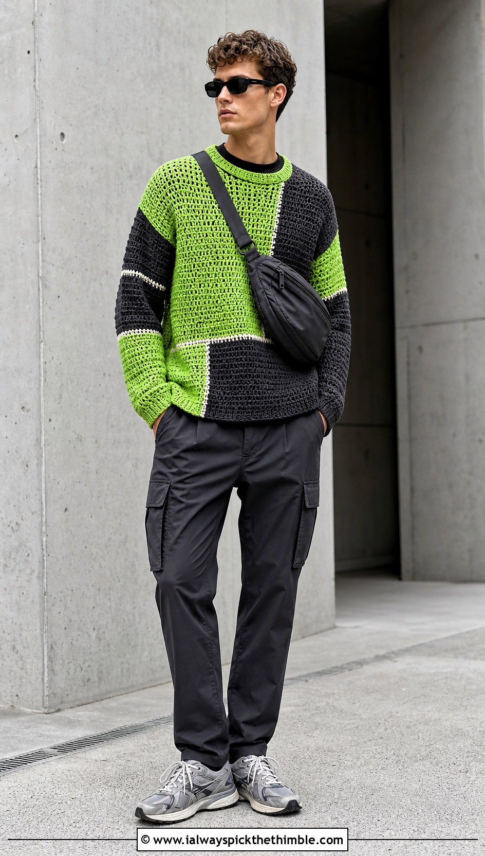 Color Block Crochet Jumper With Cargo Pants - 25 men crochet jumper outfit ideas