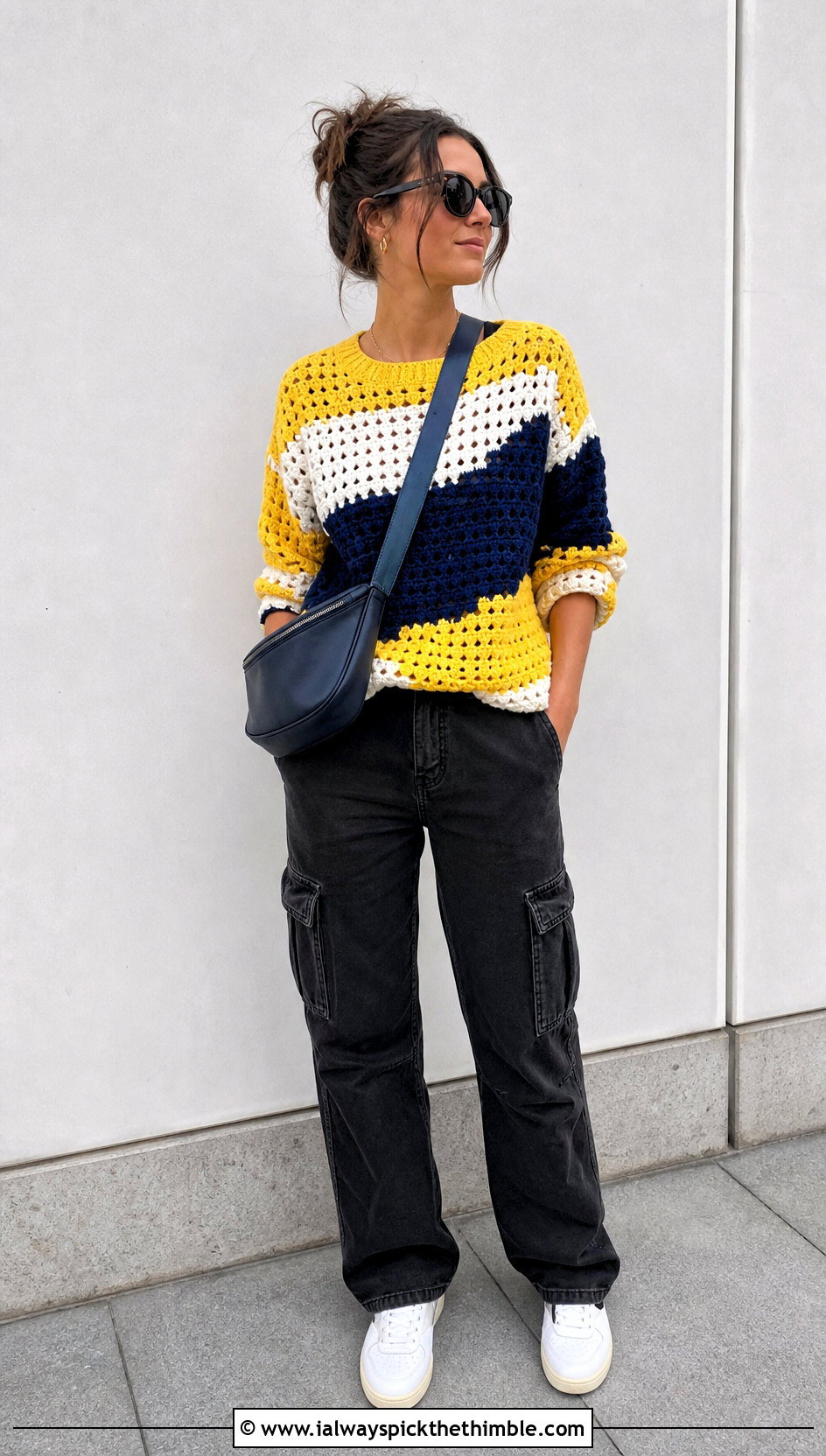 Color Block Crochet Jumper With Cargo Pants - 15 Ladies Crochet Jumper outfit ideas