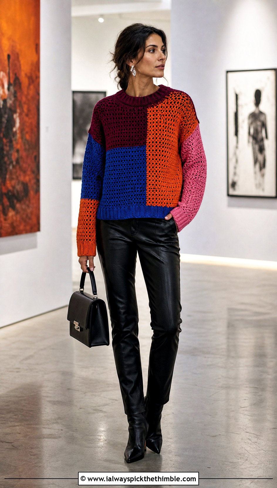 Color Block Crochet Jumper With Leather Pants - 25 easy crochet jumper outfit ideas