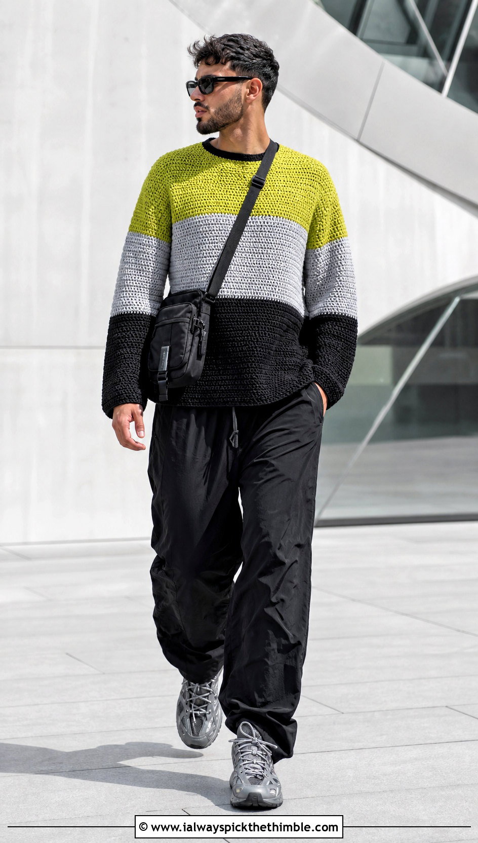 Color Block Crochet Jumper With Parachute Pants - 20 mens crochet jumper outfit ideas