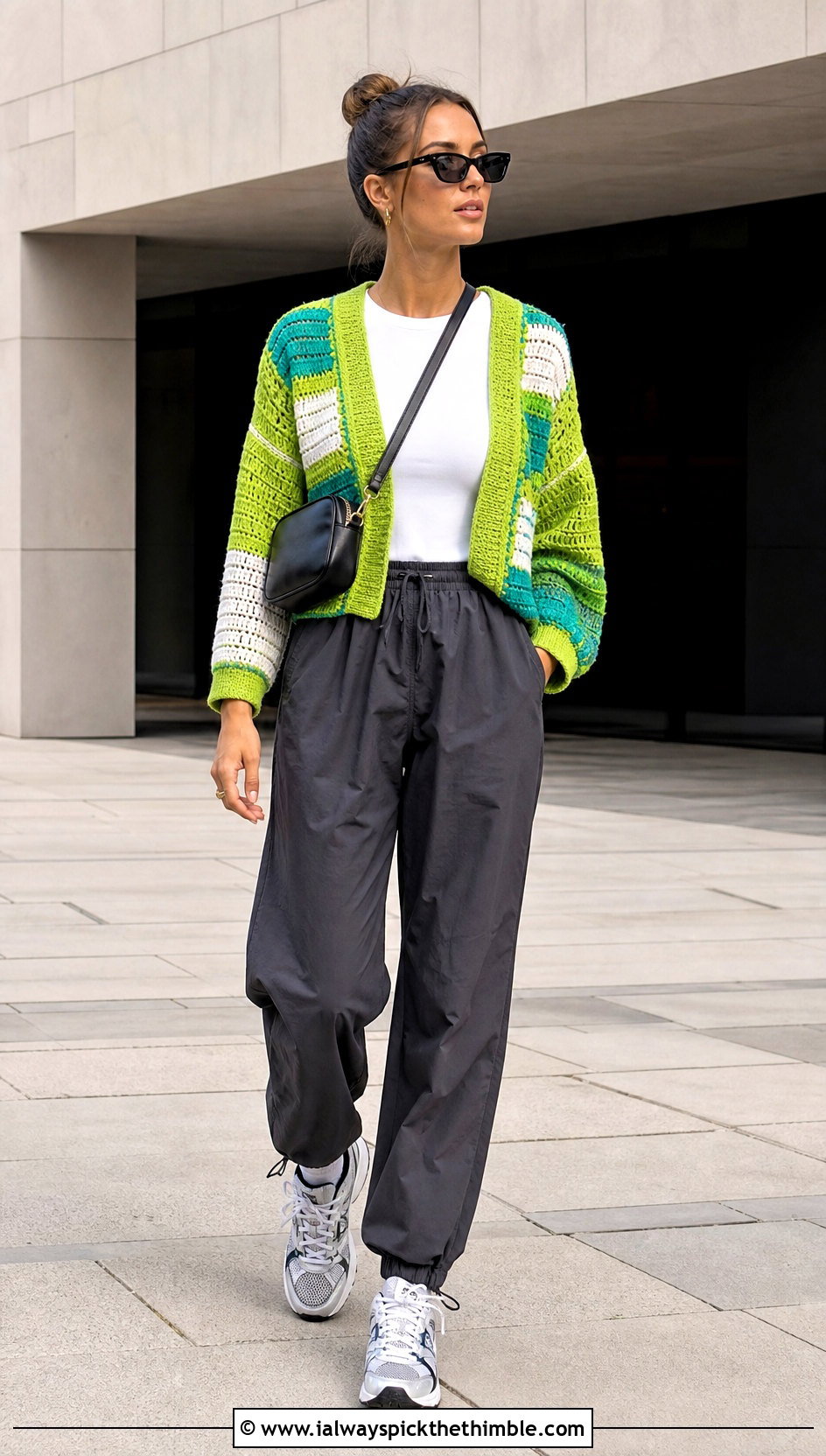 Color Block Crochet Jumper With Parachute Pants - 20 simple crochet jumper outfit ideas
