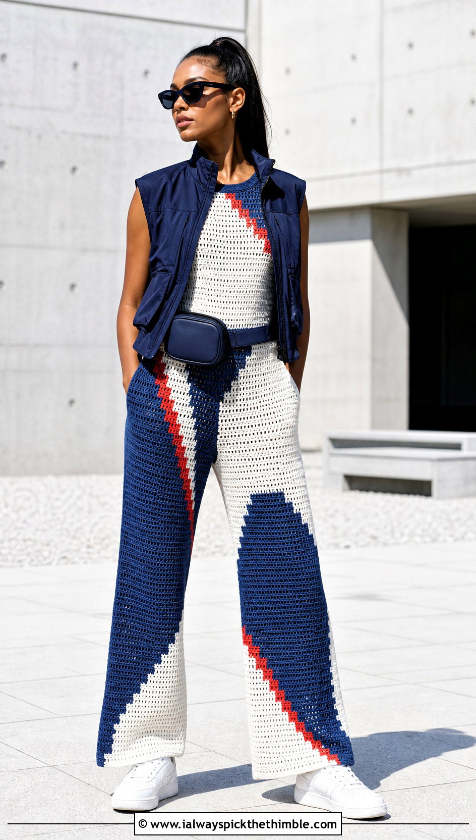 Color Block Crochet Jumpsuit With Technical Vest - 20 crochet jumpsuit outfit ideas
