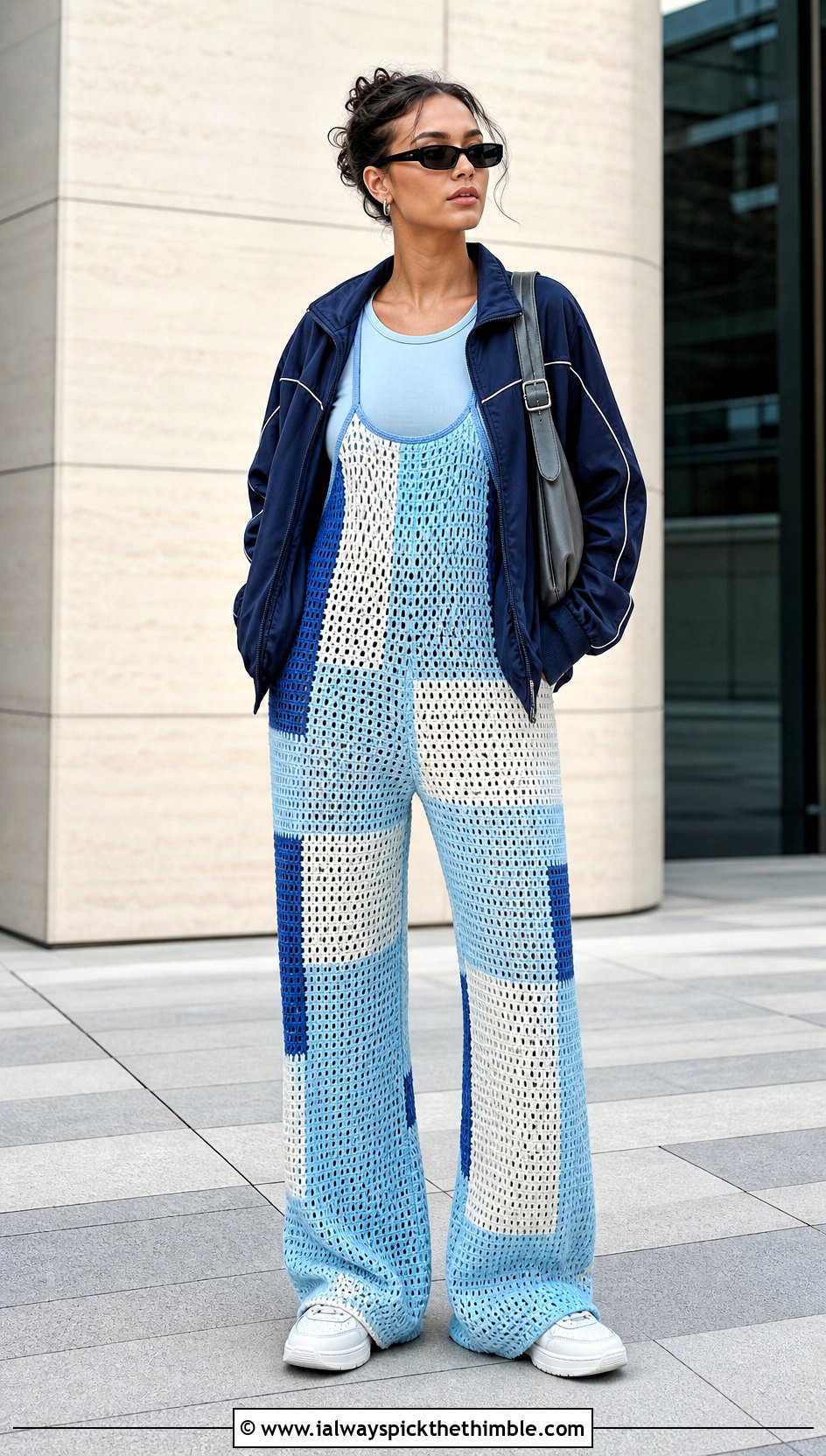 Color Block Crochet Jumpsuit With Track Jacket - 20 Women Crochet Jumpsuit outfit ideas