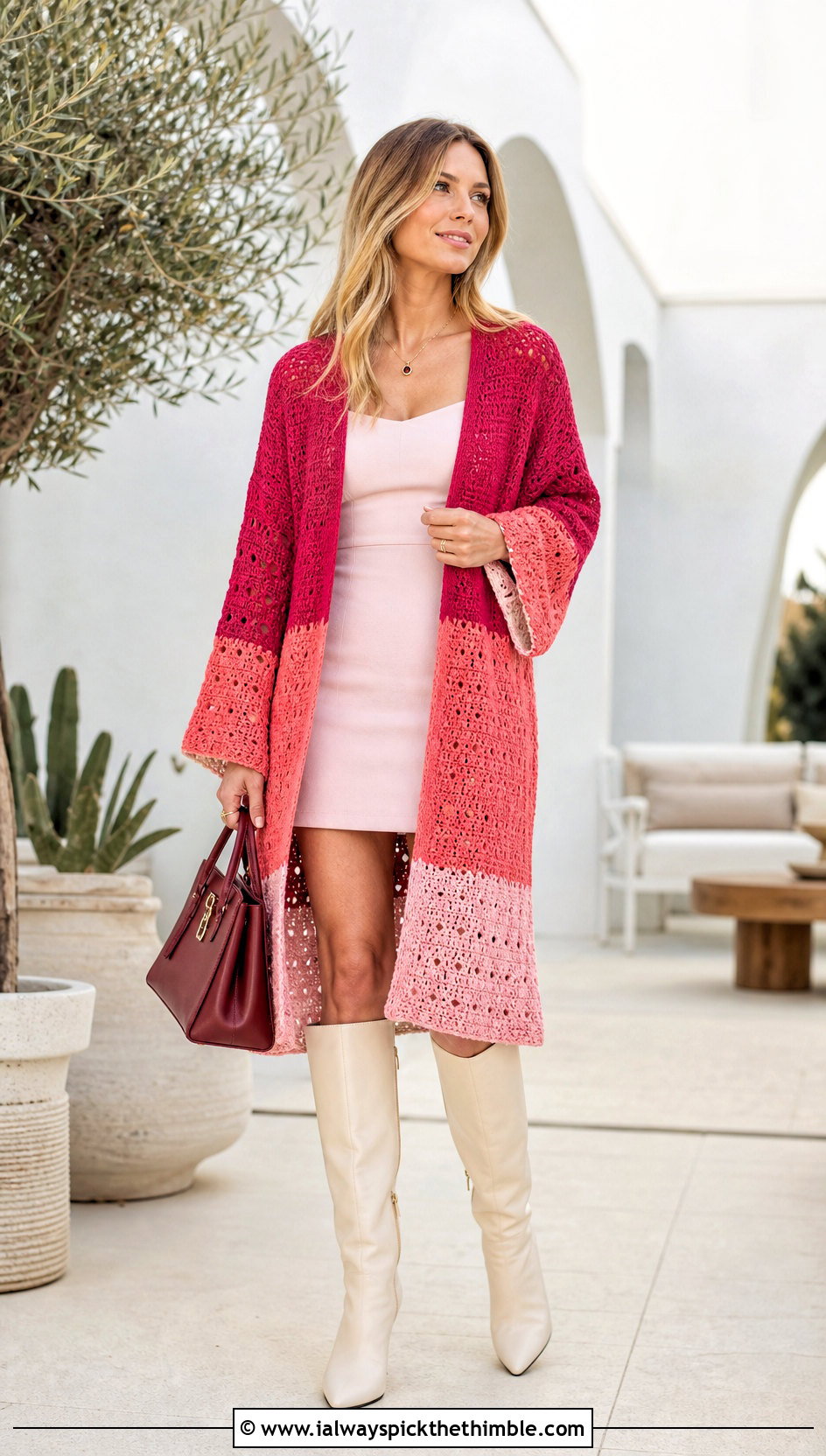 Color Block Crochet Kimono Cardigan With Mini Dress - 25 crochet kimono cardigan outfit ideas