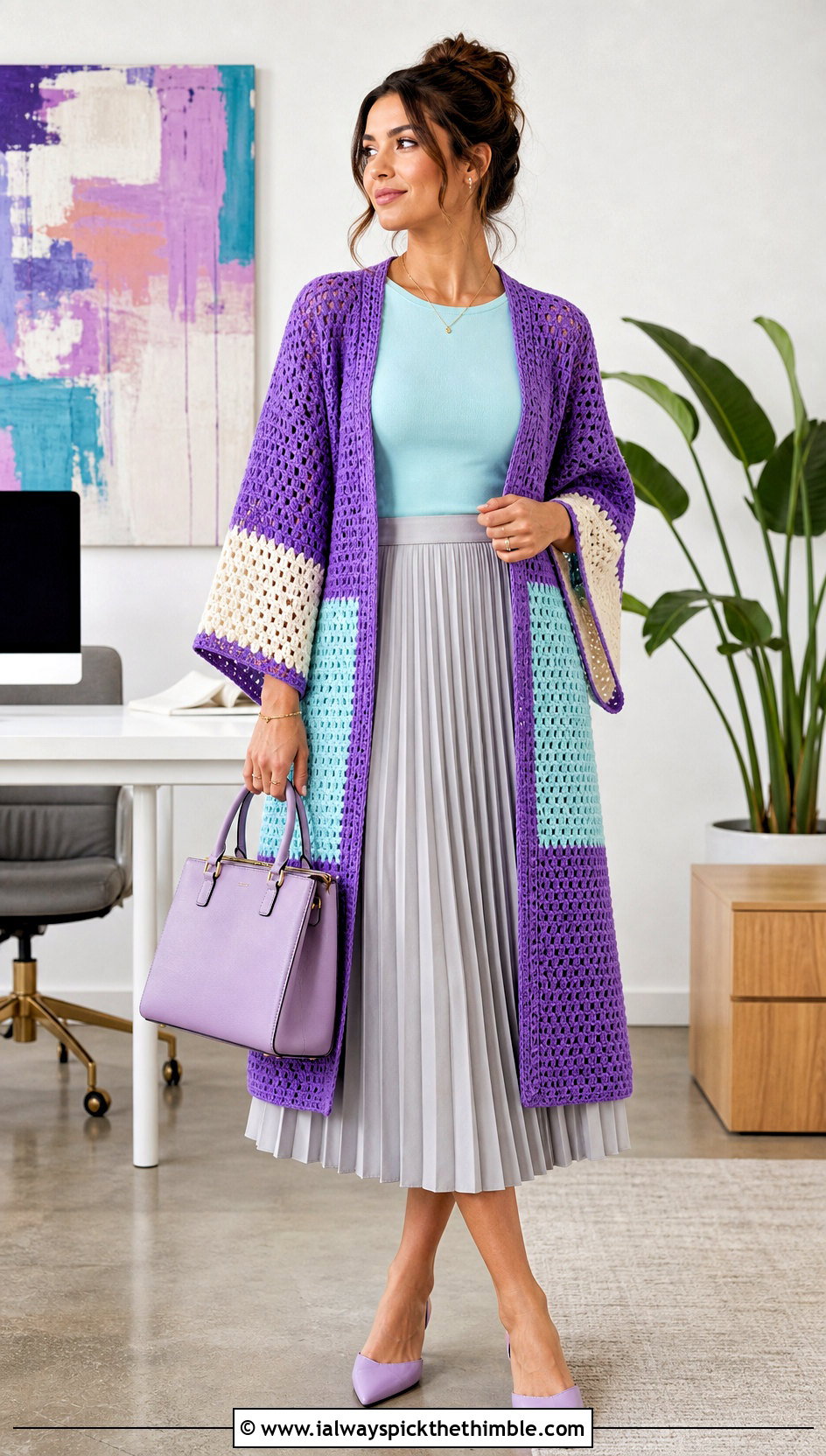 Color Block Crochet Kimono With Pleated Skirt - 25 crochet kimono outfit ideas