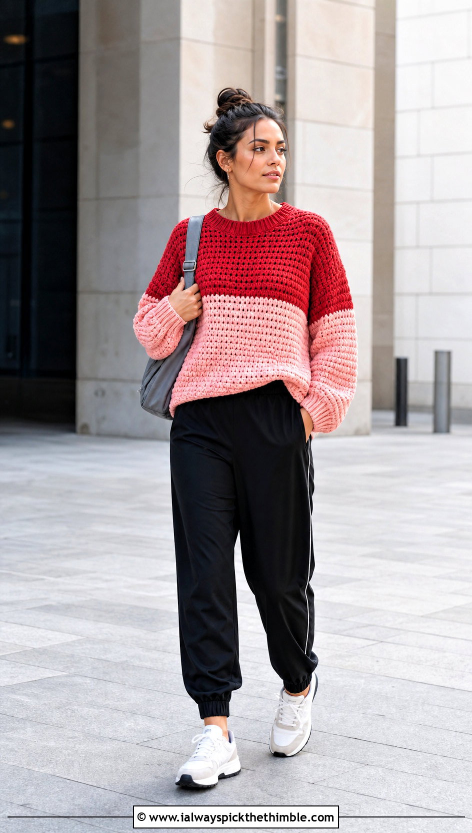 Color Block Crochet Knit Sweater With Track Pants - 25 Crochet Knit Sweater outfit ideas