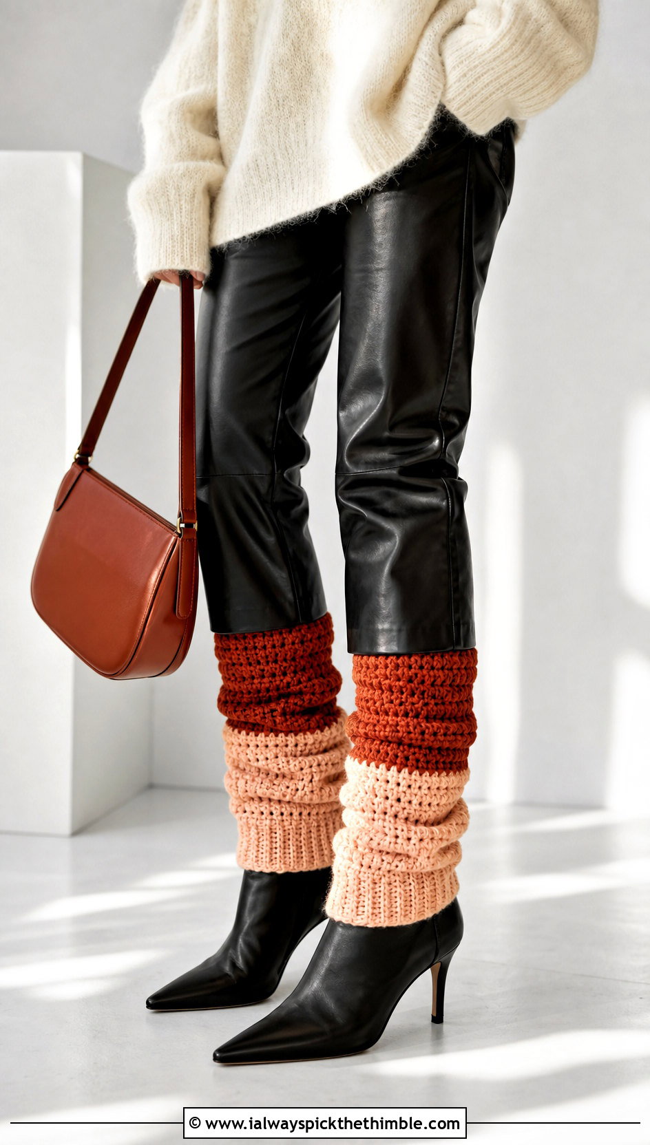 Color Block Crochet Leg Warmers With Leather Pants - 25 Easy Crochet Leg Warmers outfit ideas