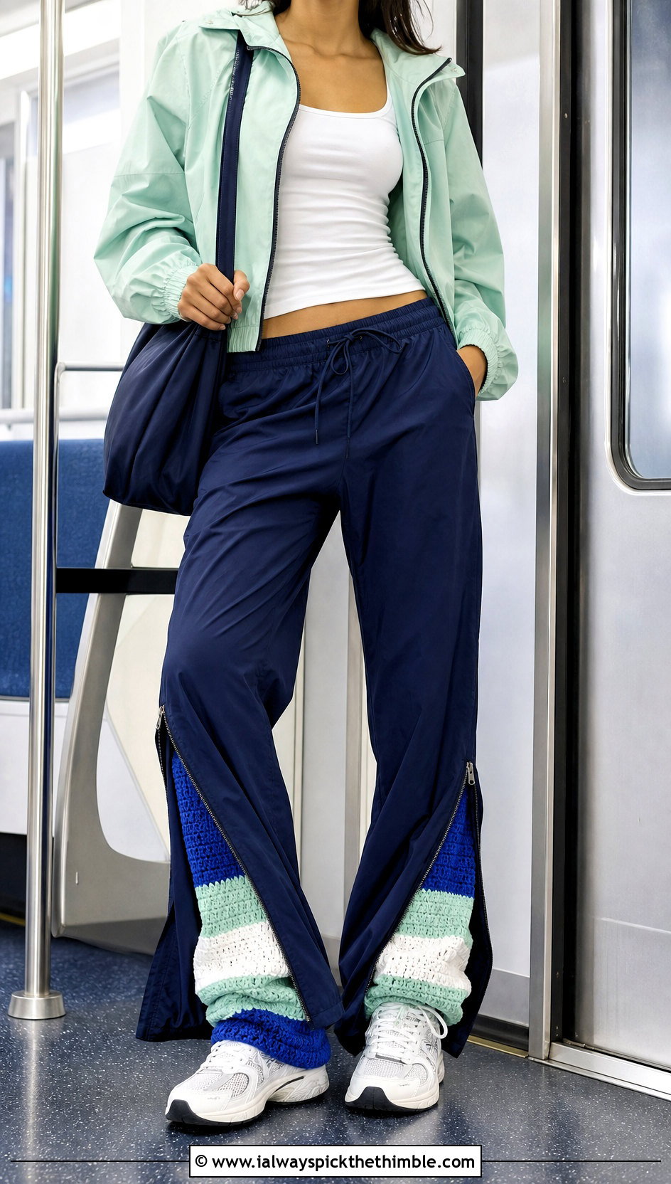 Color Block Crochet Leg Warmers With Track Pants And Cropped Jacket - 20 Crochet Legwarmer outfit ideas