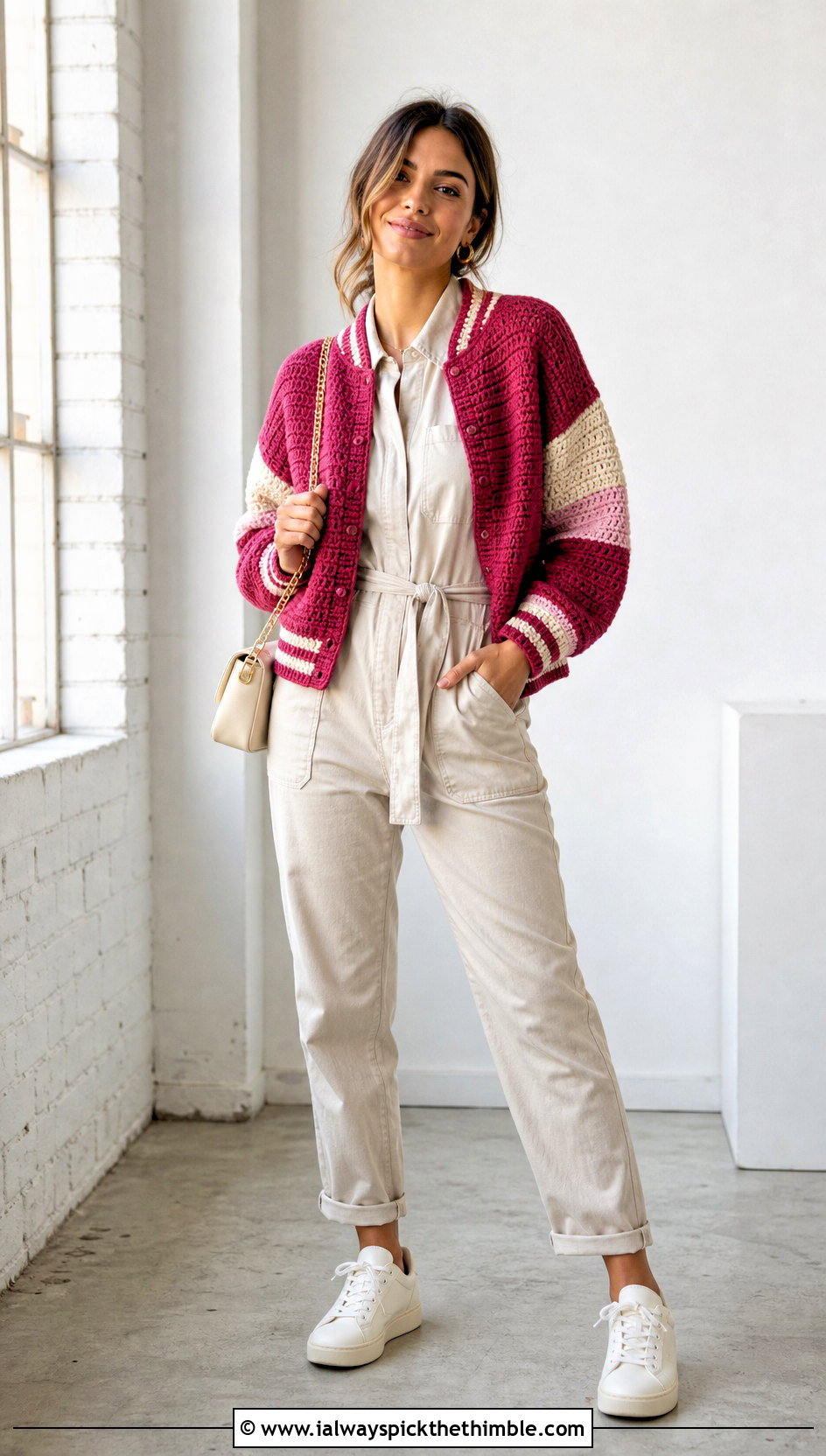 Color Block Crochet Letterman Jacket With Utility Jumpsuit - 20 crochet letterman jacket outfit ideas
