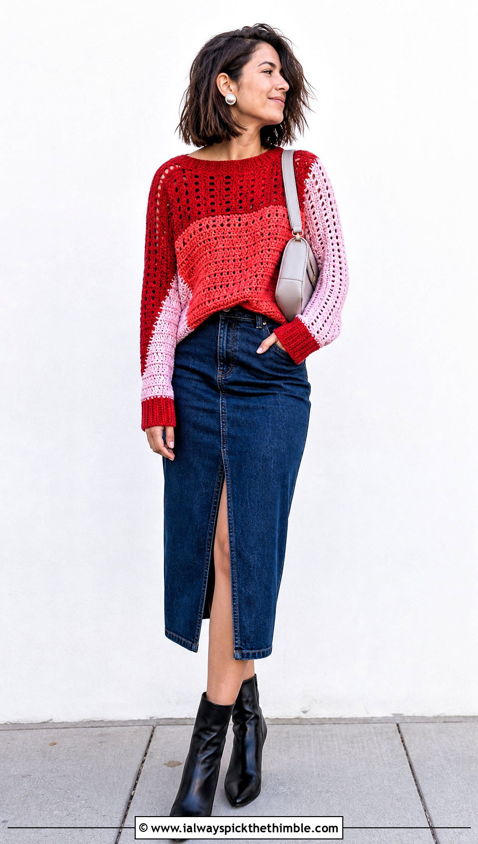 Color Block Crochet Lightweight Sweater With a Denim Midi Skirt - 20 Crochet Lightweight Sweater outfit ideas