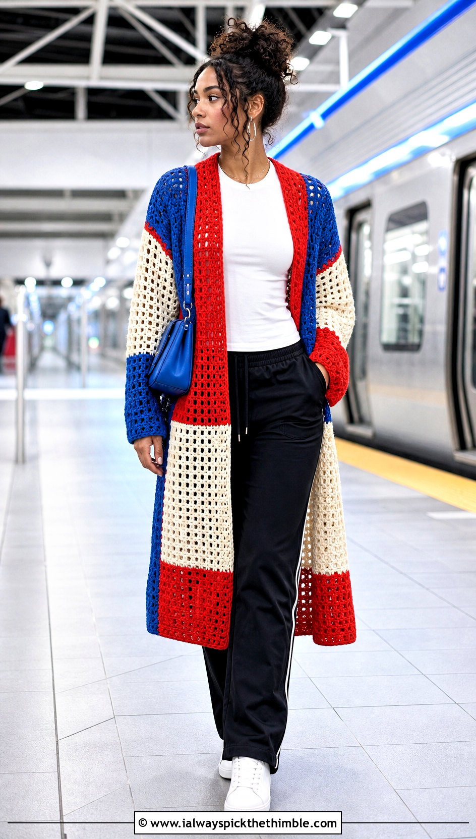 Color Block Crochet Long Jacket With Track Pants - 25 crochet long jacket outfit ideas