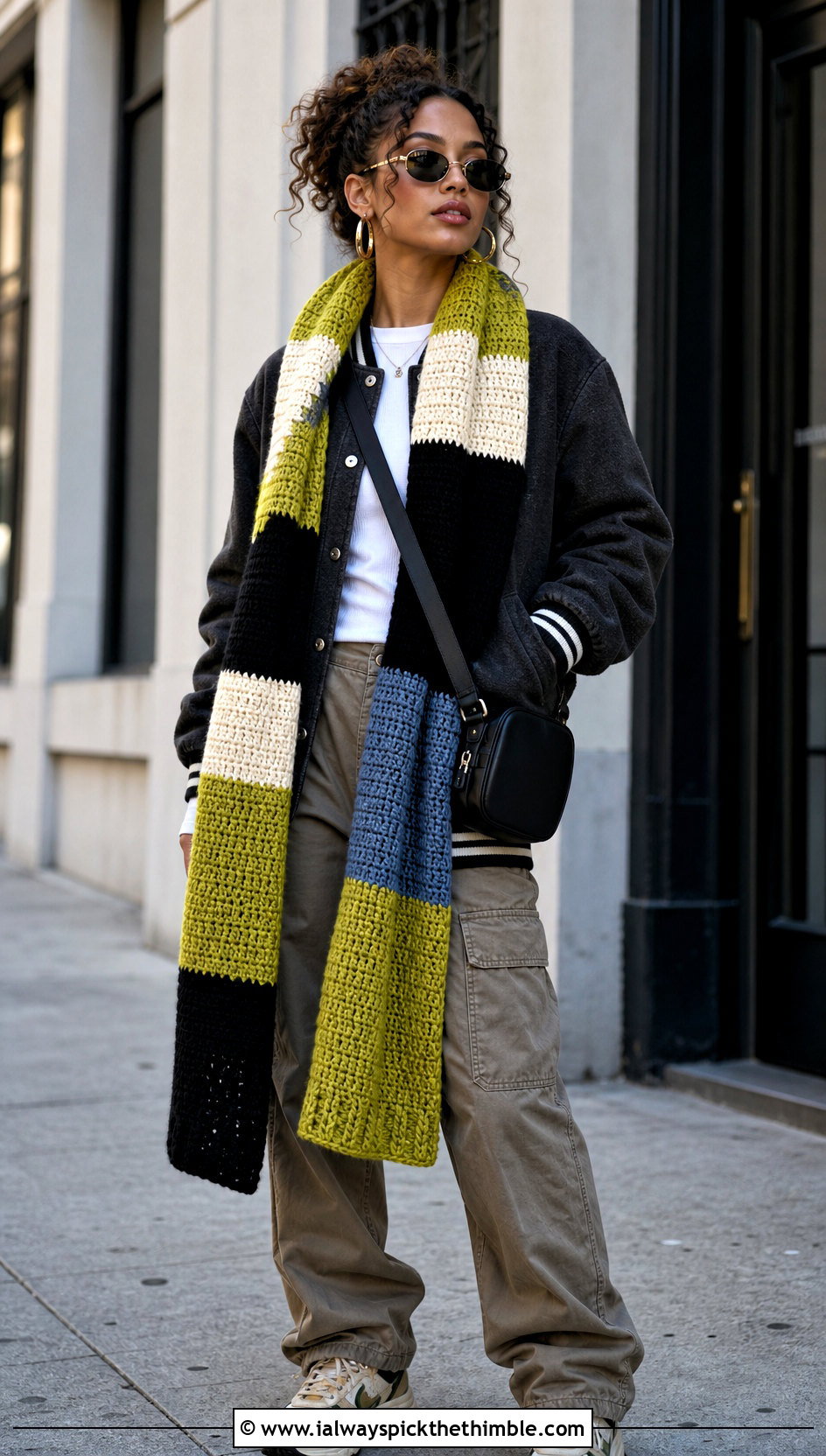 Color Block Crochet Long Scarf With Varsity Jacket And Cargo Pants - 20 Crochet Long Scarf outfit ideas