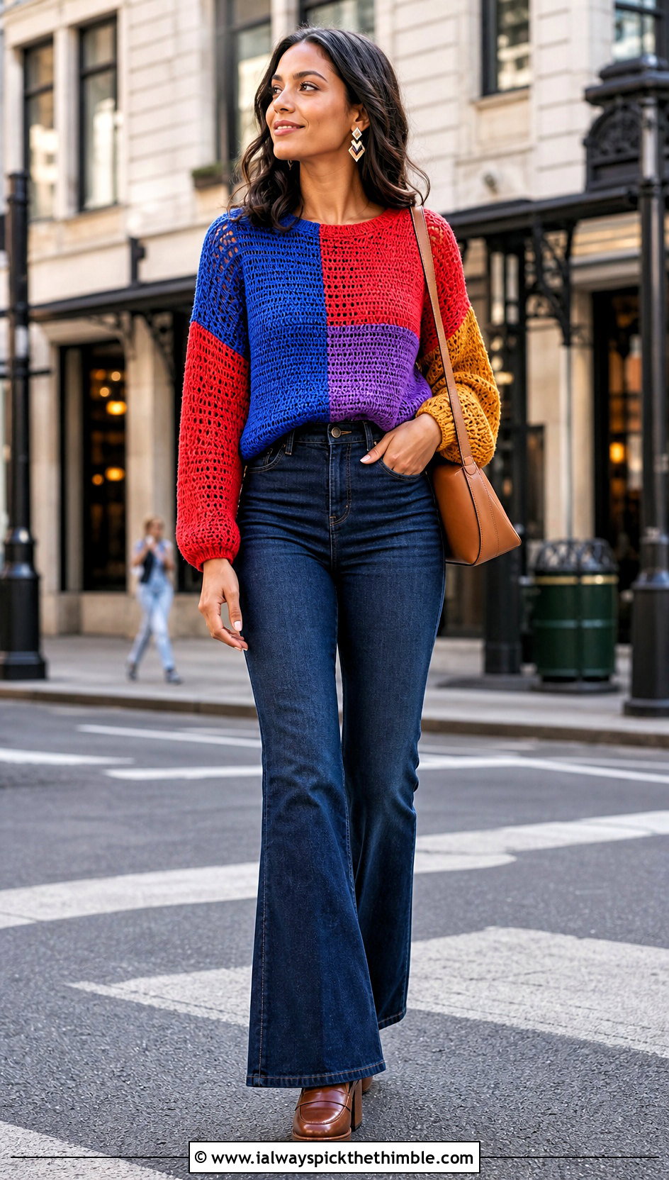 Color Block Crochet Long Sleeve Top With Flared Jeans - 25 crochet long sleeve top outfit ideas