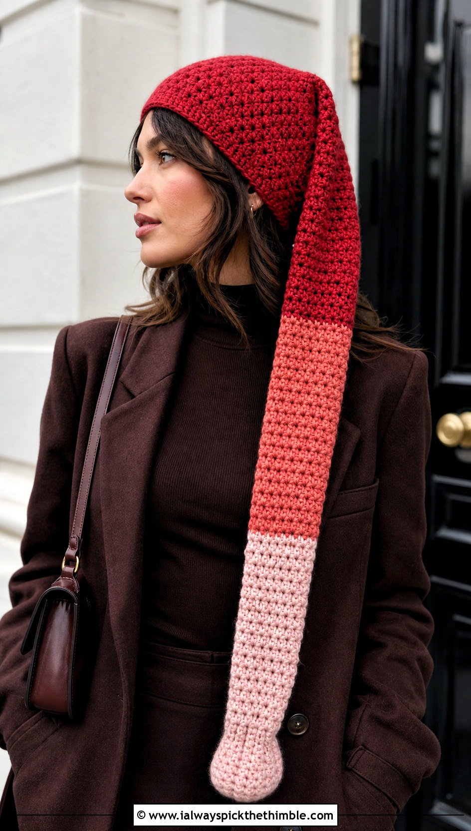 Color Block Crochet Long Stocking Cap With Monochrome Outfit - 20 Crochet Long Stocking Cap outfit ideas