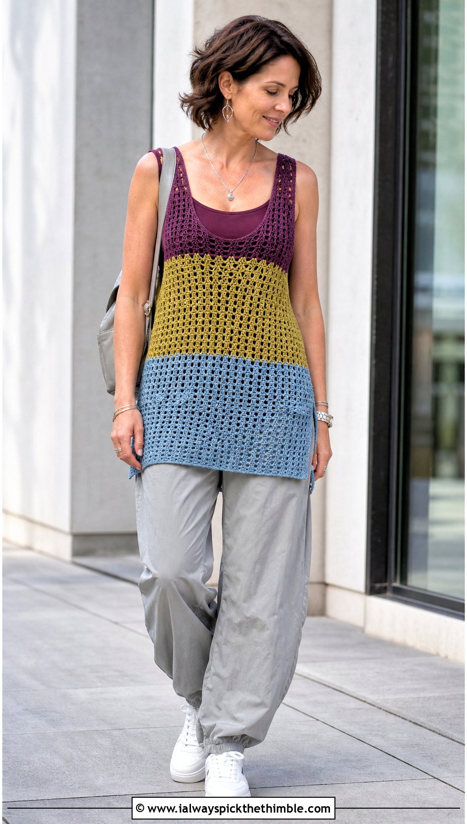 Color Block Crochet Long Tank Top With Parachute Pants - 20 Crochet Long Tank Top outfit ideas