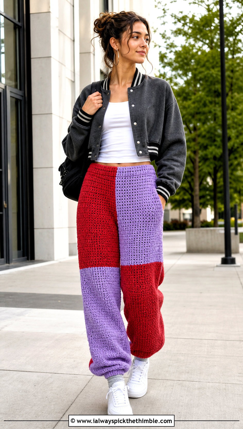Color Block Crochet Lounge Pants With Varsity Jacket - 20 crochet lounge pants outfit ideas