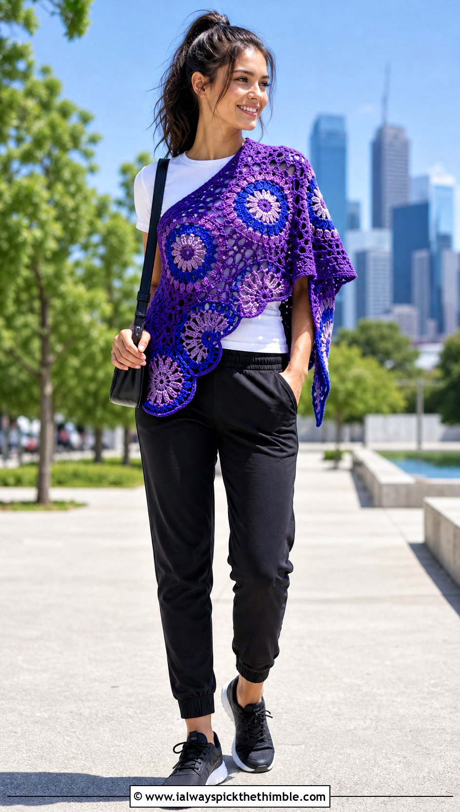 Color Block Crochet Mandala Shawl With Track Pants - 20 Crochet Mandala Shawl outfit ideas