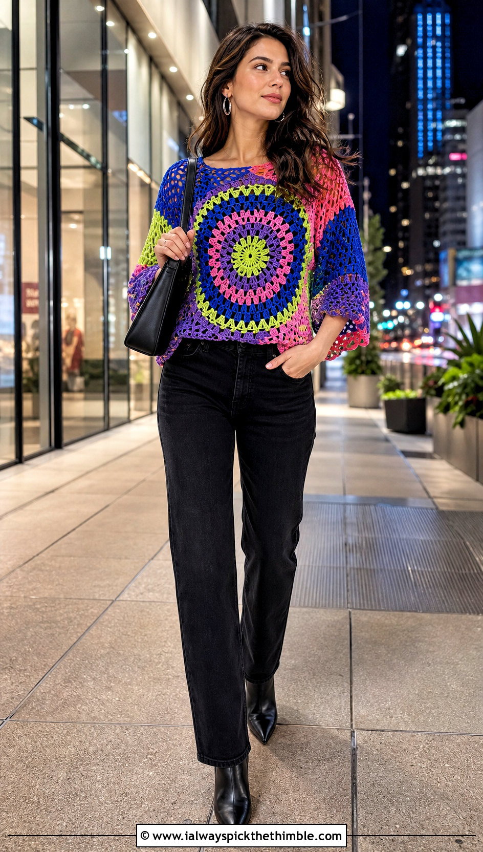 Color Block Crochet Mandala Top With Black Jeans - 25 crochet mandala top outfit ideas