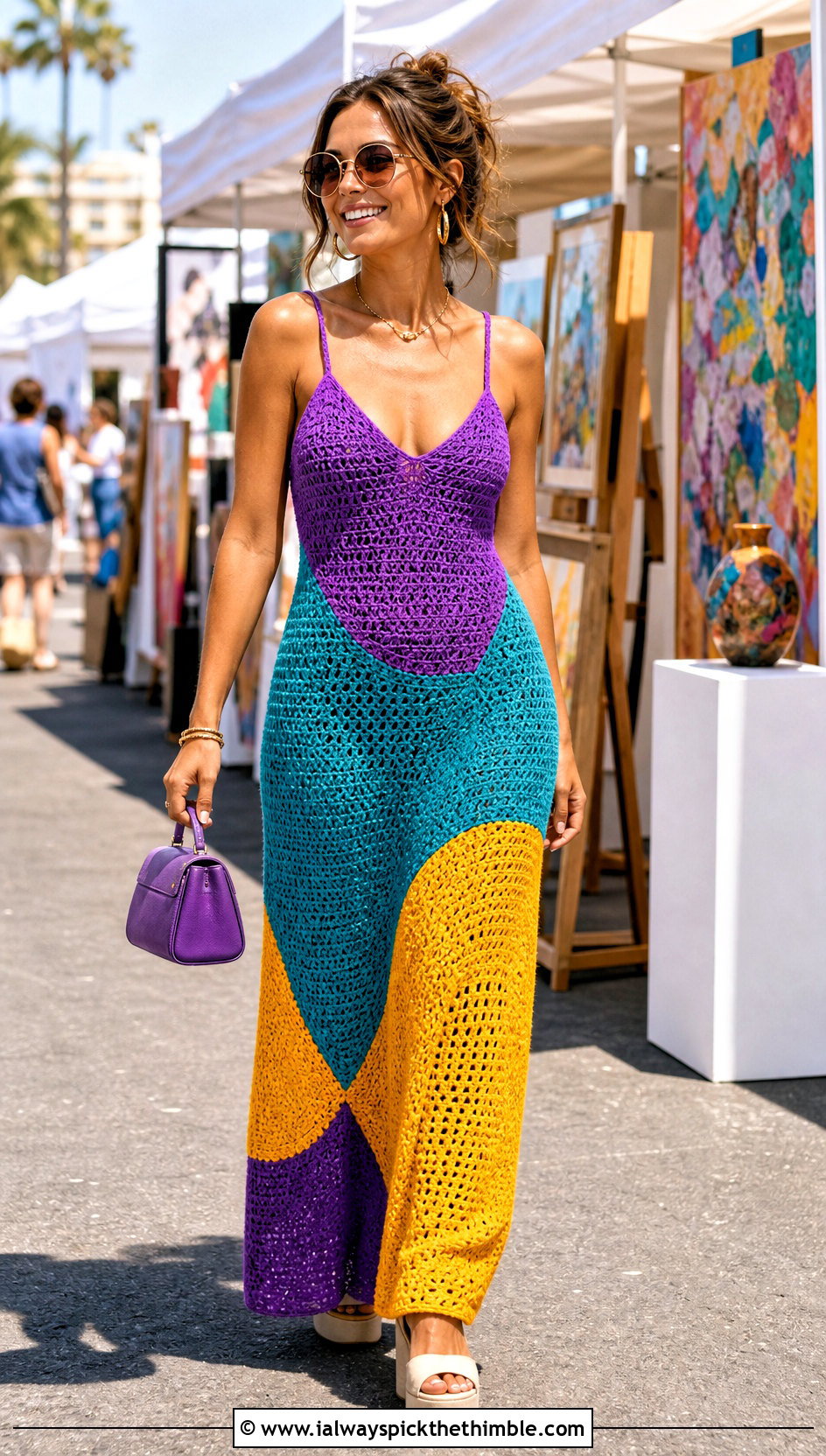 Color Block Crochet Maxi Dress With Platform Sandals - 25 crochet dresses outfit ideas