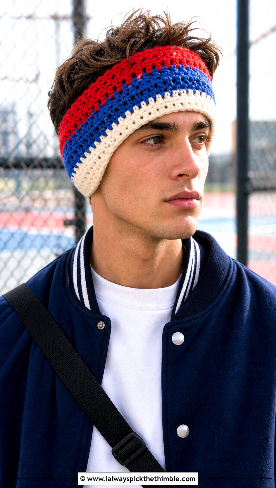 Color Block Crochet Mens Ear Warmer With Varsity Jacket - 20 Crochet Mens Ear Warmer outfit ideas