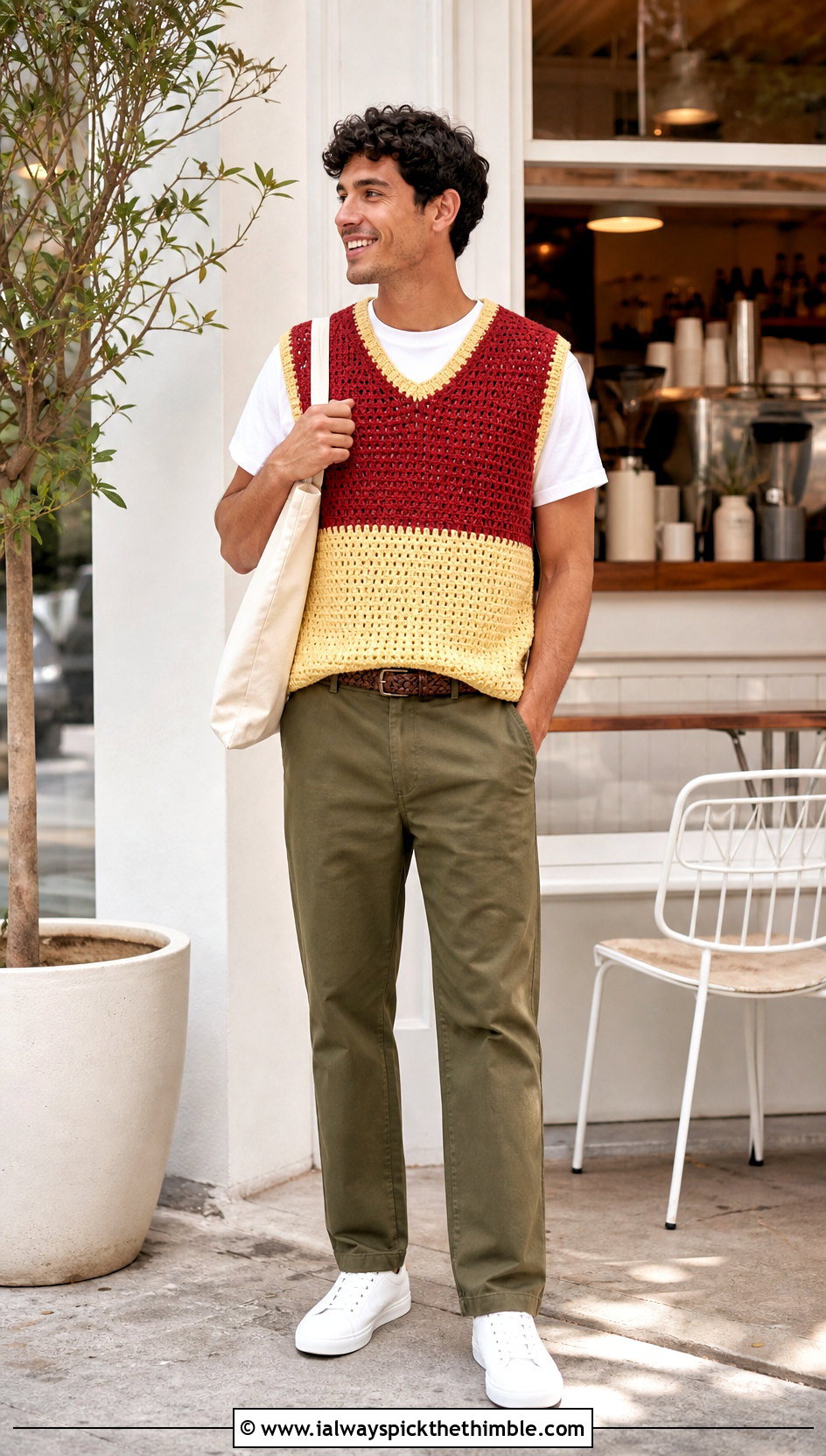 Color Block Crochet Mens Sweater Vest With Chinos - 20 Mens Crochet Sweater Vest outfit ideas