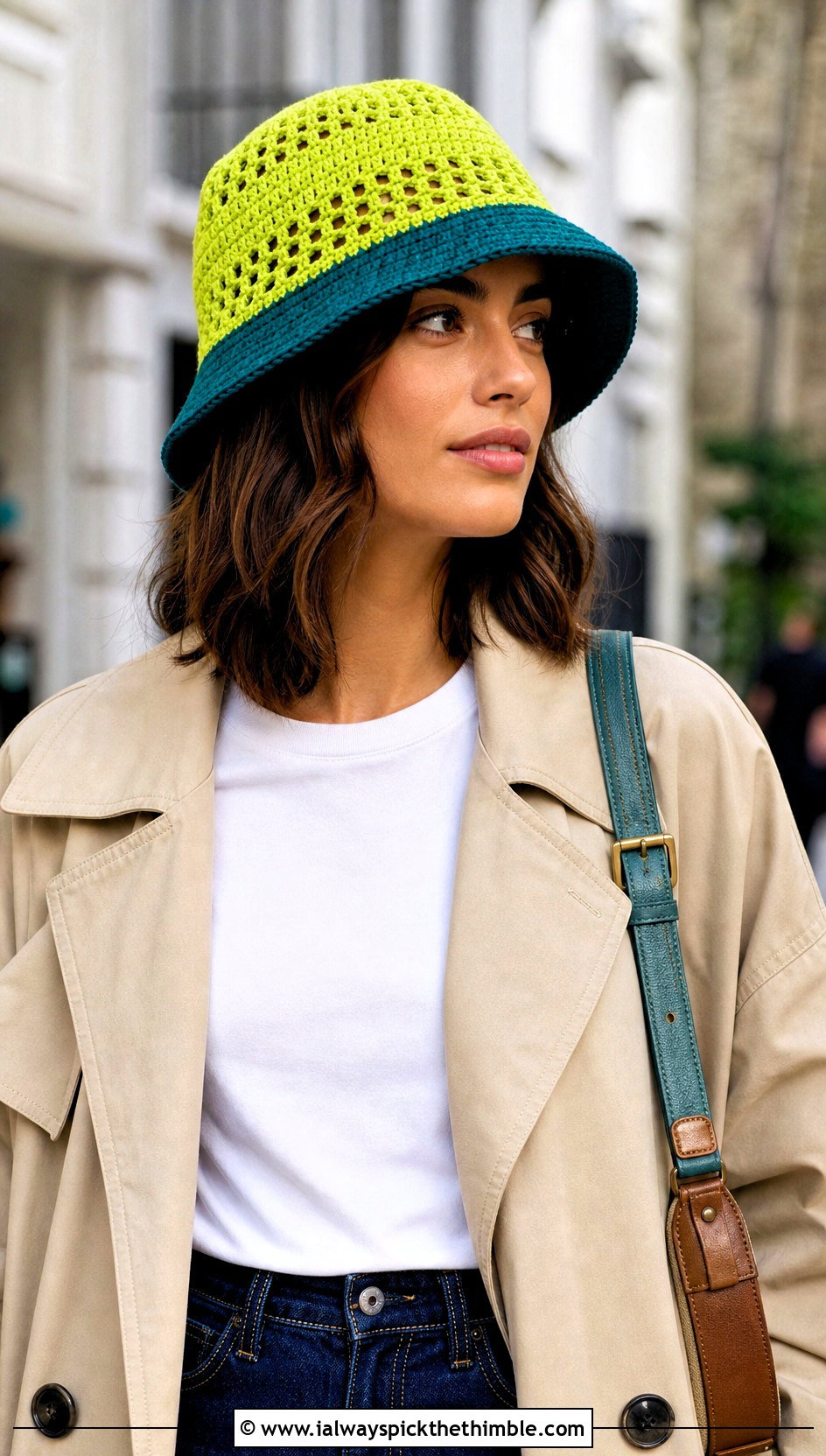 Color Block Crochet Mesh Bucket Hat With Trench Coat - 20 crochet mesh bucket hat outfit ideas