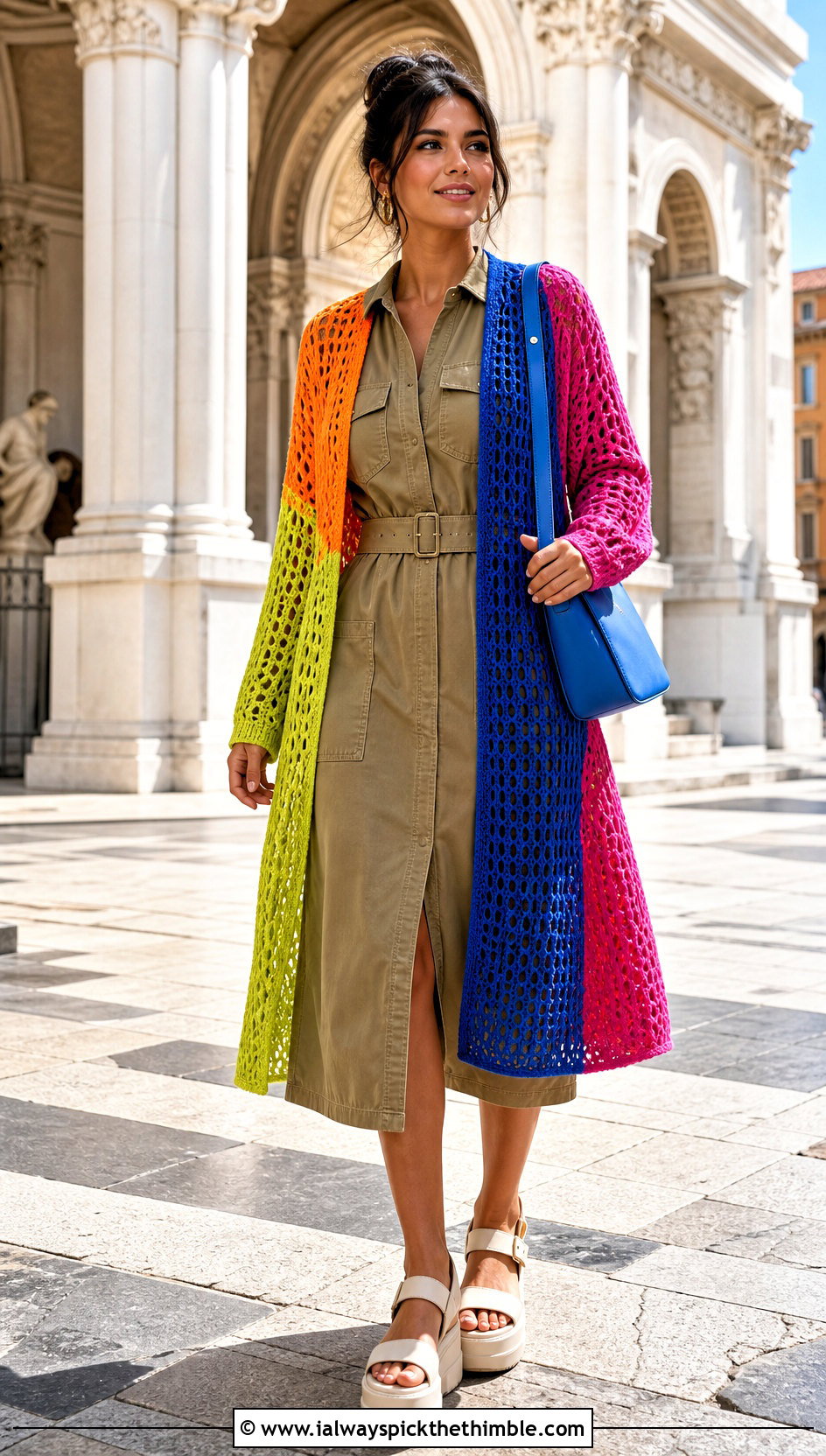 Color Block Crochet Mesh Cardigan With Utility Dress - 25 crochet mesh cardigan outfit ideas
