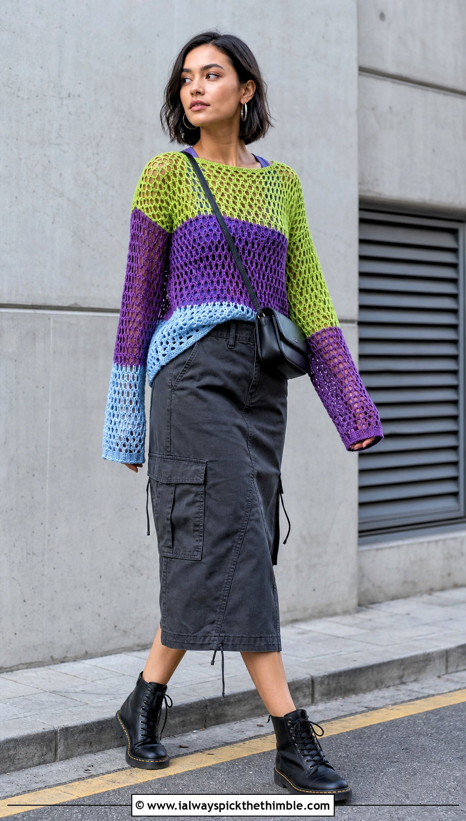 Color Block Crochet Mesh Jumper With Utility Skirt - 20 crochet mesh jumper outfit ideas