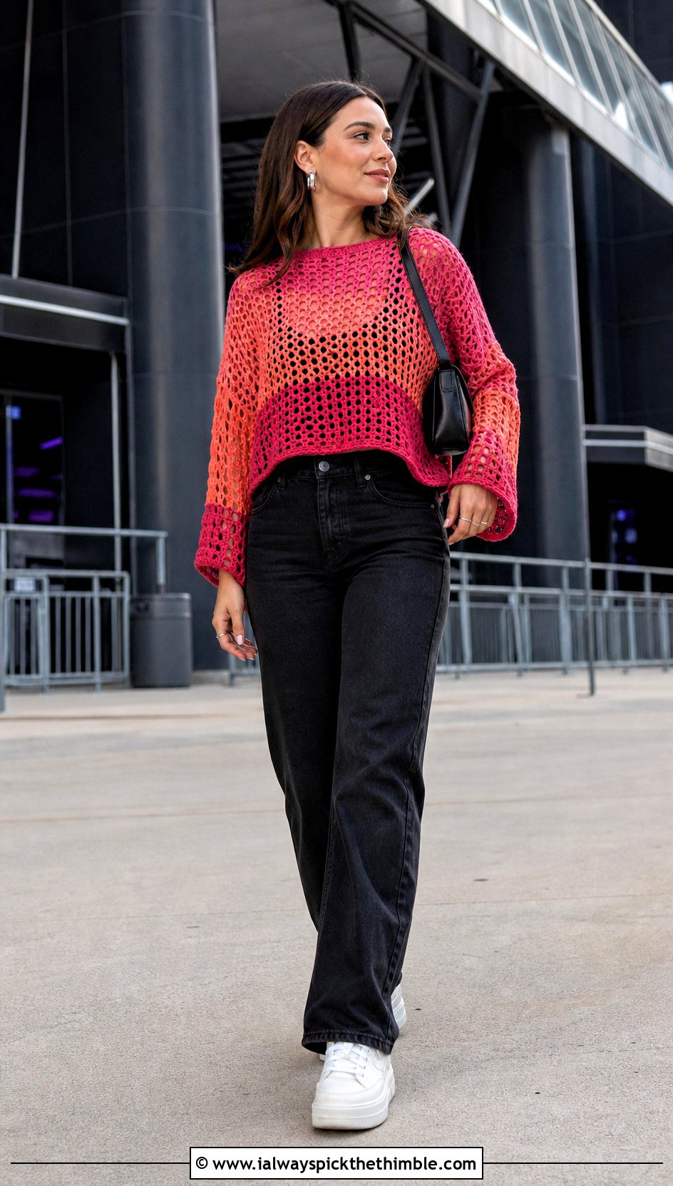 Color Block Crochet Mesh Top With Black Jeans - 20 Cute Crochet Mesh Top outfit ideas