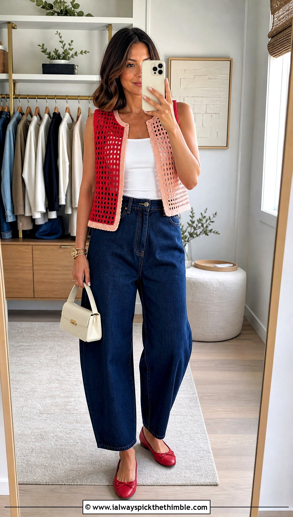 Color Block Crochet Mesh Vest With Barrel Jeans - 25 crochet mesh vest outfit ideas