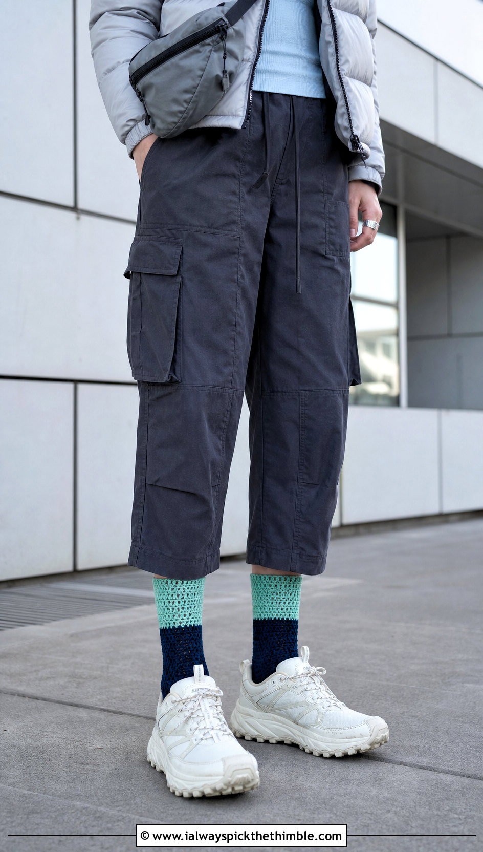 Color Block Crochet Mid Calf Socks With Cargo Pants - 20 crochet winter socks outfit ideas