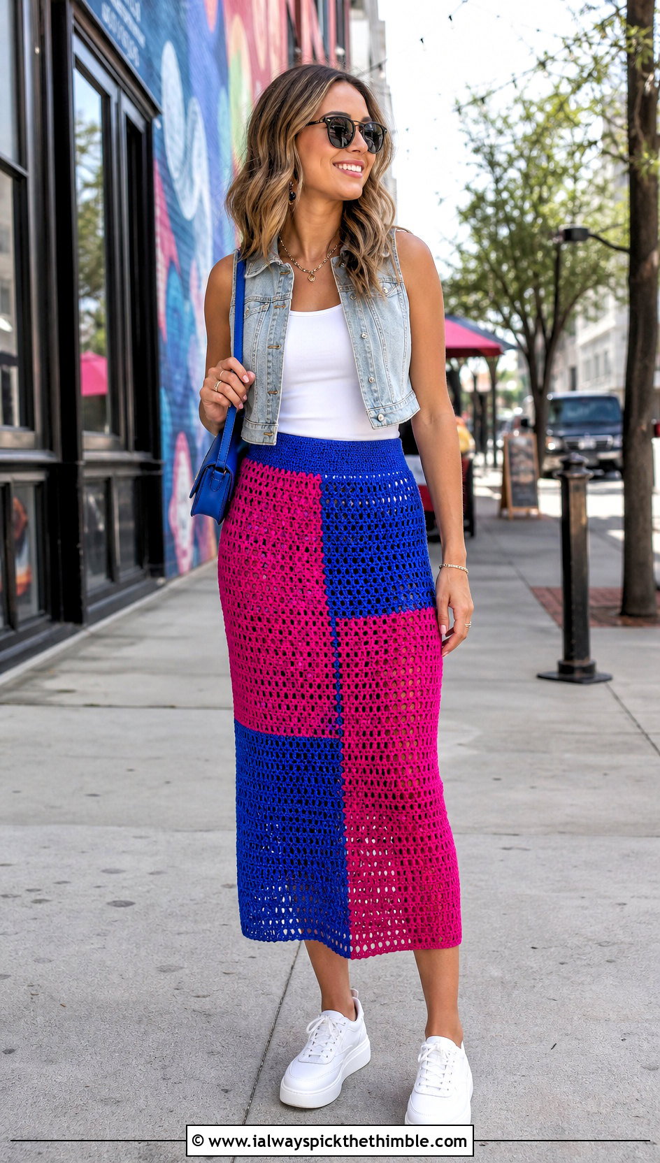 Color Block Crochet Midi Skirt With Denim Vest - 25 crochet midi skirt outfit ideas