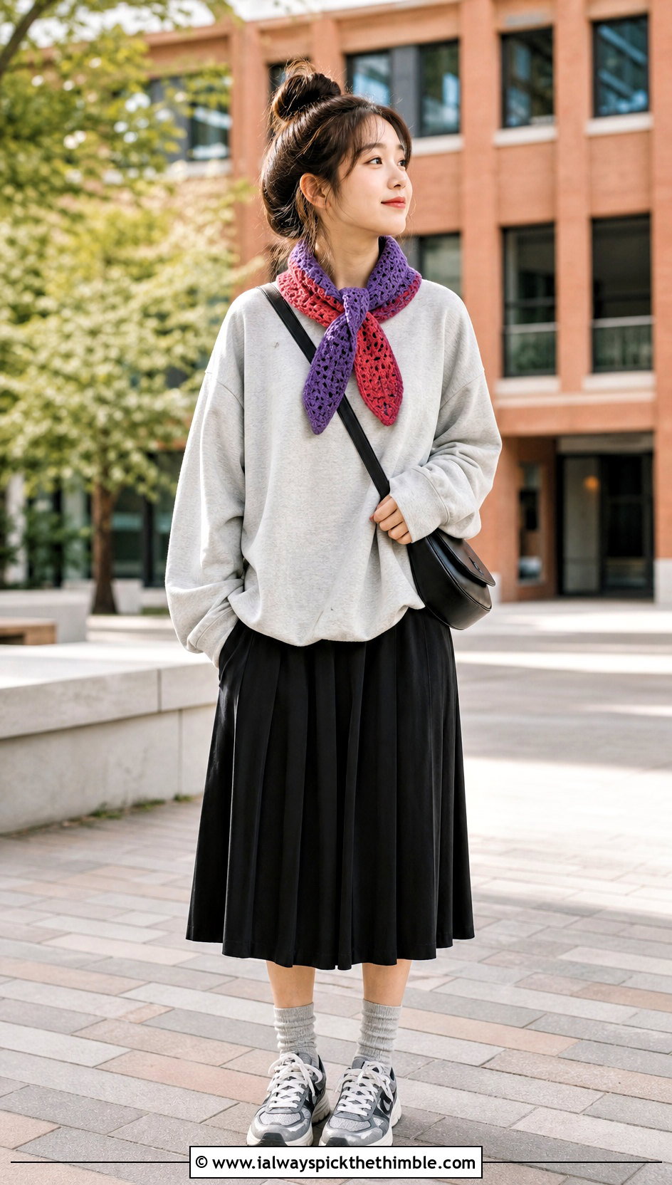 Color Block Crochet Mini Scarf With Sweatshirt And Pleated Skirt - 25 crochet mini scarf outfit ideas