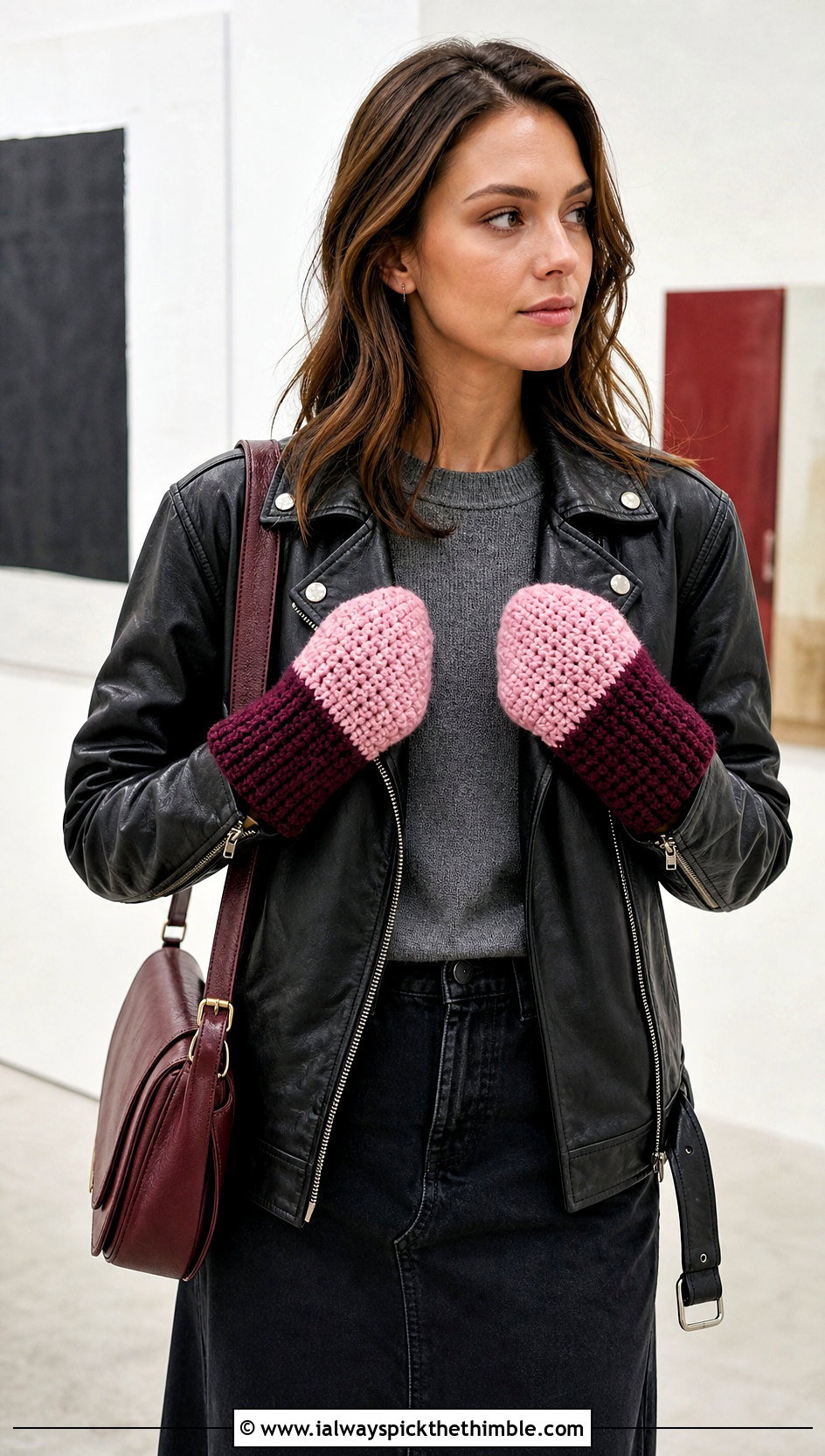 Color Block Crochet Mittens With Leather Jacket - 20 women crochet mittens outfit ideas