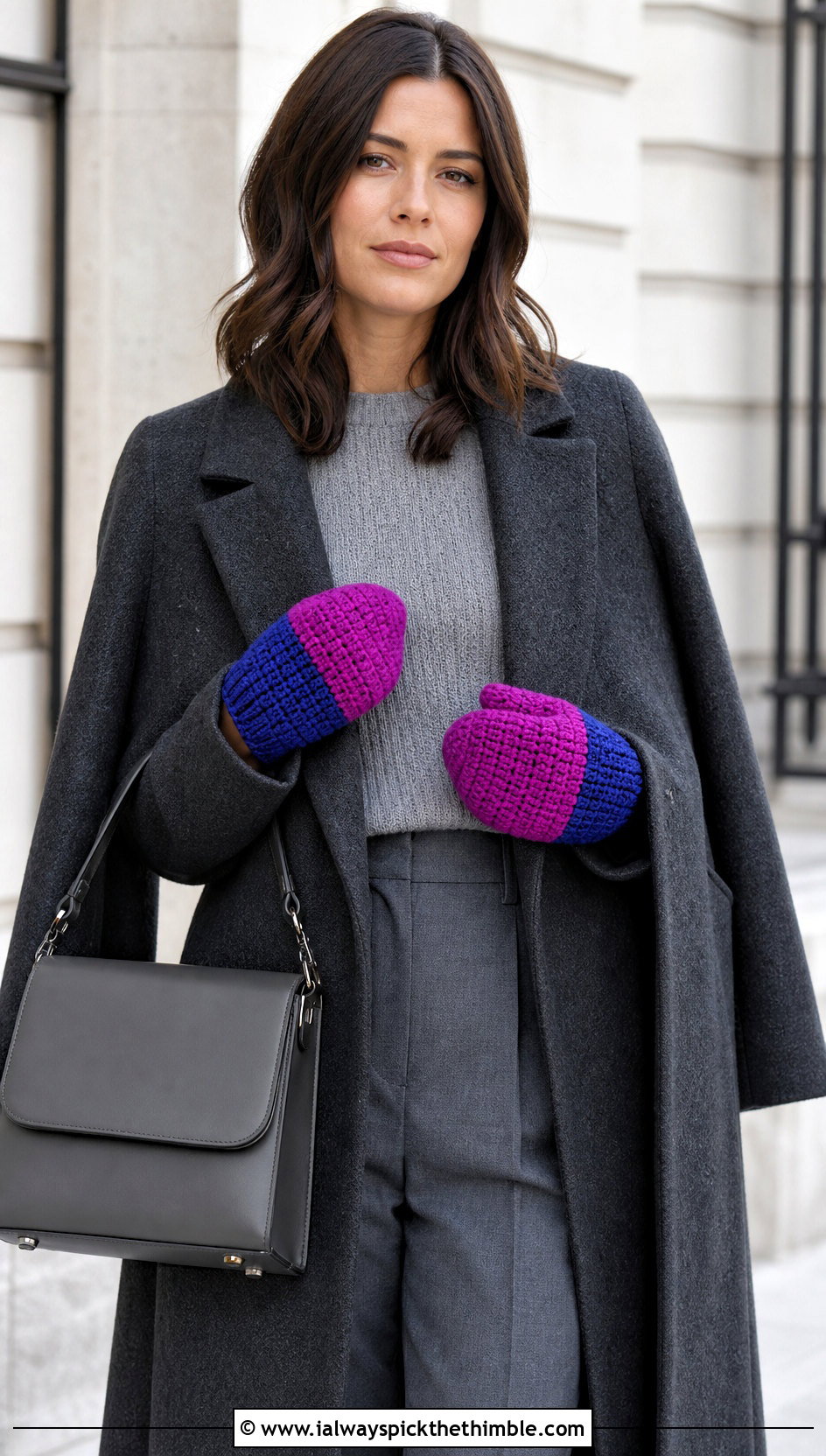 Color Block Crochet Mittens With Monochrome Coat Outfit - 25 crochet mittens outfit ideas